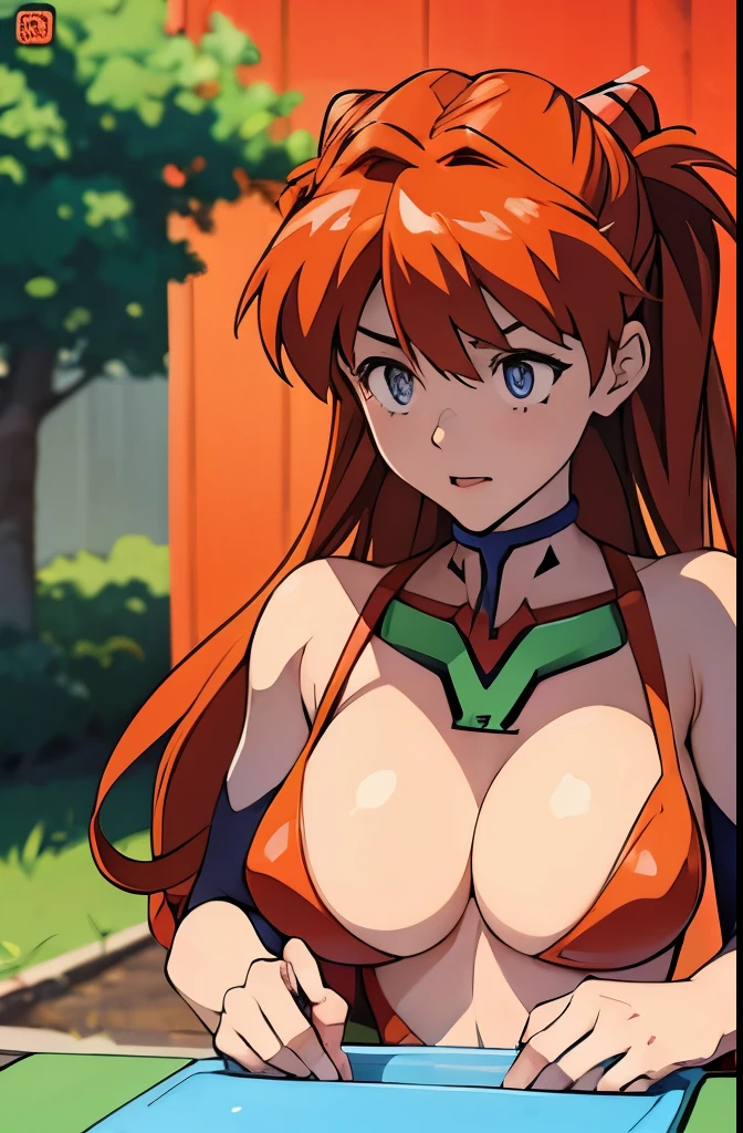 nsfw,{souryuu_asuka_langley},large breasts,pubic hair,nature,{illustration},embarrassed,in evangelion style