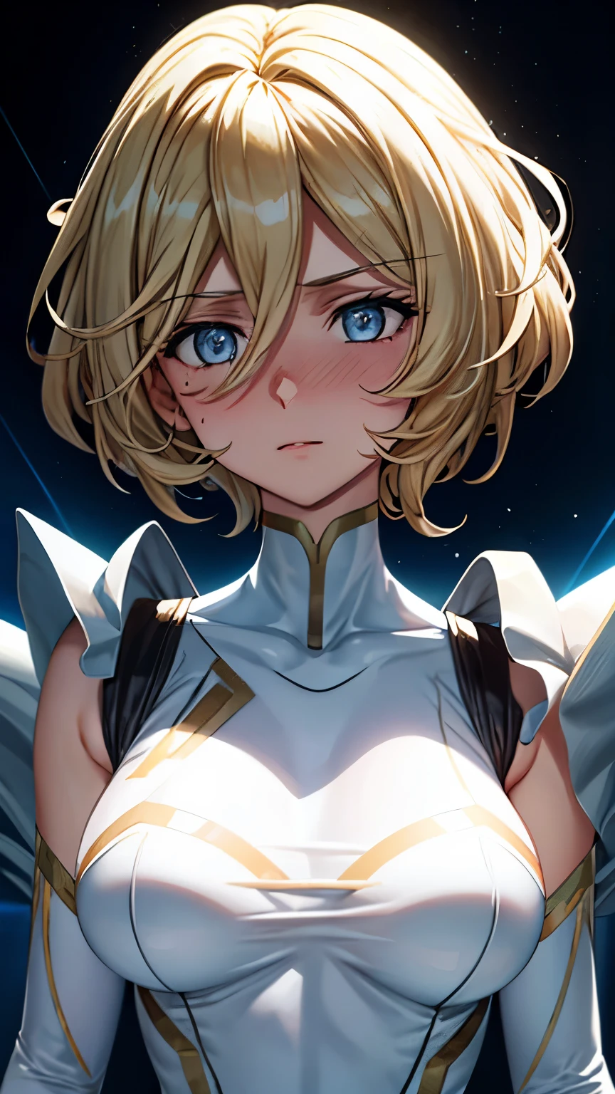 (masterpiece, best quality, ultra-detailed, highres, illustration:0.8), (upper body:1.3), extremely detailed wallpaper, official art, amazing, high detail, ultra-detailed, extremely detailed 8k wallpaper, wide shot, bright gold hair, light blue eyes with slit pupils, (white background:1.3), (1girl, solo),(bright blue bodysuit),sexy,perfect anatomy,beautiful face, Make eye contact with the camera,nose blush,