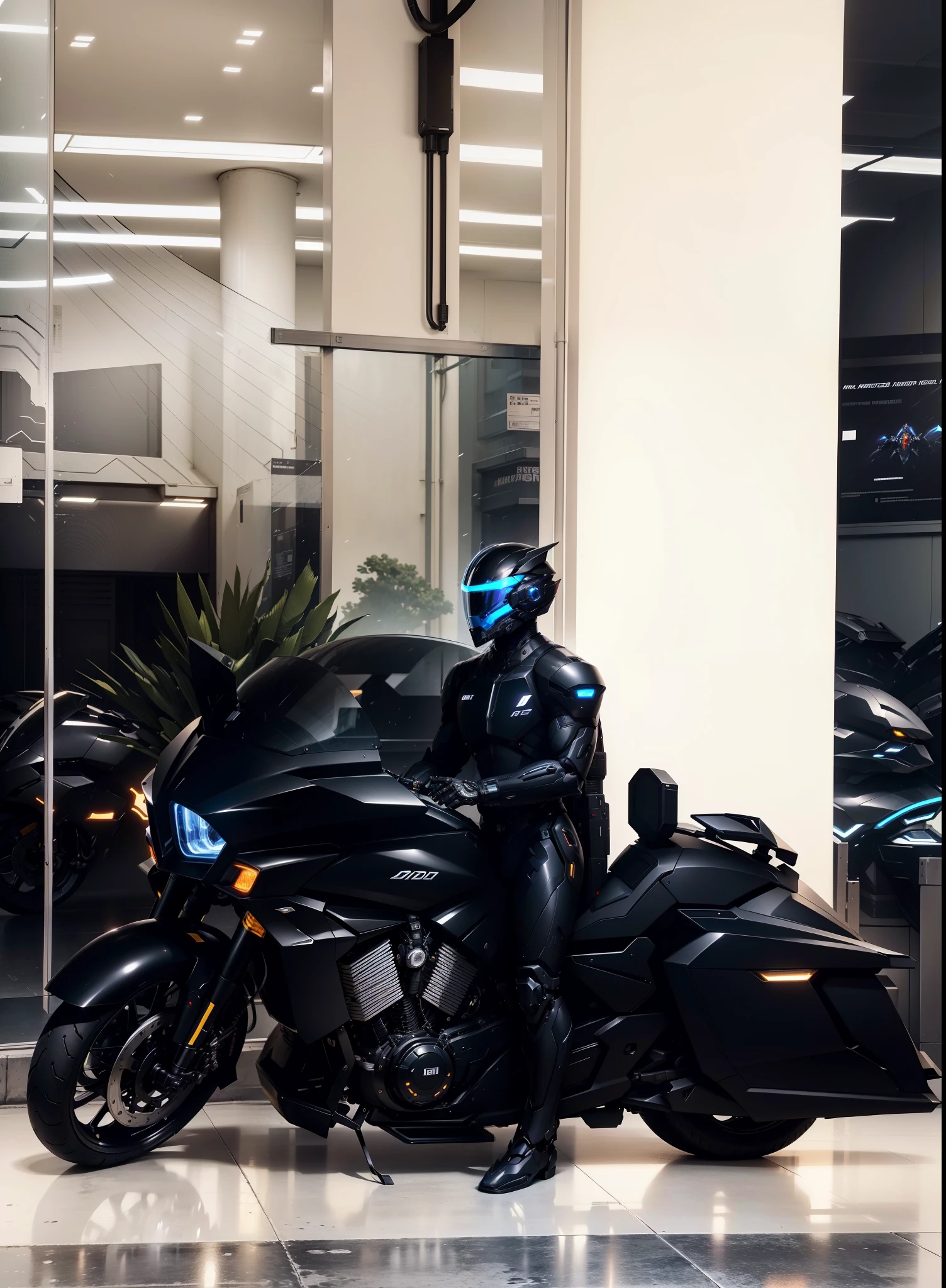 Handsome full body black mecha white short hair cyber handsome warrior, Black Cyber Mechanical Motorcycle, High-tech black full-face helmet, white short hair, Noor, biology, MSHN people, High-tech helmet, Surrealism, steel, complex design, Crazy details, Exquisite details, The lines are extremely clear, light, photorealism, detailed masterpiece