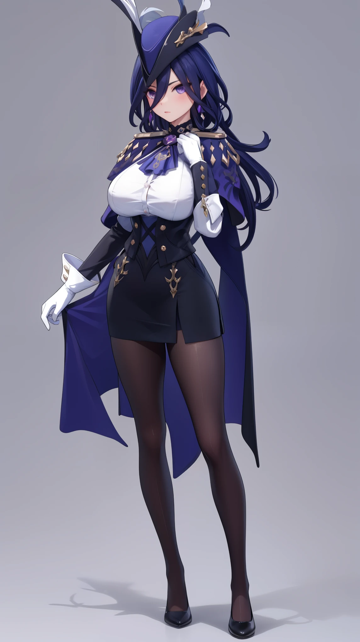 girl, solo, full body, from head to toe, standing, (Huge_Breasts),

3DMM,

giclorinde, purple eyes, large breasts, hair between eyes, long hair, dark blue hair, earrings, black skirt, miniskirt, pantyhose, purple ascot, purple capelet, black corset, black pantyhose, black skirt, white gloves, hat, tricorne