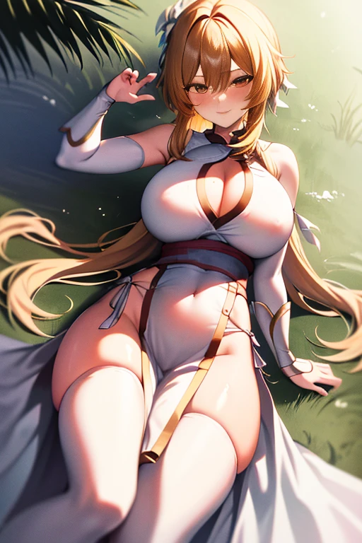 masterpiece, high resolution, best quality, beautiful art, 1 woman , Lumine, mature woman, grown up, loose long hair, big breasted, cleavage, white kunoichi dress, full body , sexy outfit, pelvic curtain, sexy legs, hips and thighs, full body, peeking on her white panties , dancing seductively like a belly dancer, looking at the viewer, smirking, flirting, beach environment