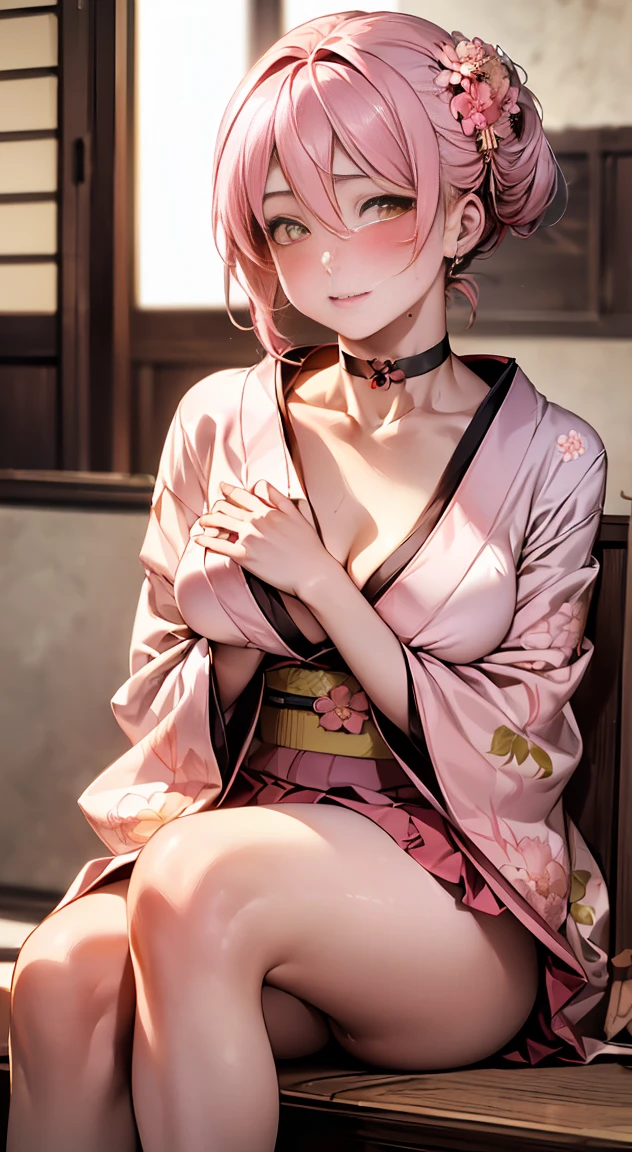(masterpiece:1.2, highest quality), (realistic, photorealistic:1.4), beautiful illustrations,
looking at the viewer, whole body, Front view:0.6,
1 female, 27 only, Japanese, ((pink hair:1.5, chignon:1.5)), bangs, hair between eyes, ((height: 158cm, medium breasts:1.6, big ass))
beautiful hair, beautiful face, beautiful and detailed eyes, (yellow eyes:1.3), beautiful clavicle, beautiful body, beautiful breasts, beautiful thighs, beautiful feet, beautiful fingers, perfect anatomy:1.3, perfect anatomy
(Japanese style room)
((floral kimono:1.5, choker:1.6)), white panties,
((Grasp the hem of the skirt with your right hand, Put your left hand on your chest, sit with legs apart:1.3)),
(Look at the viewer while blushing:1.3)