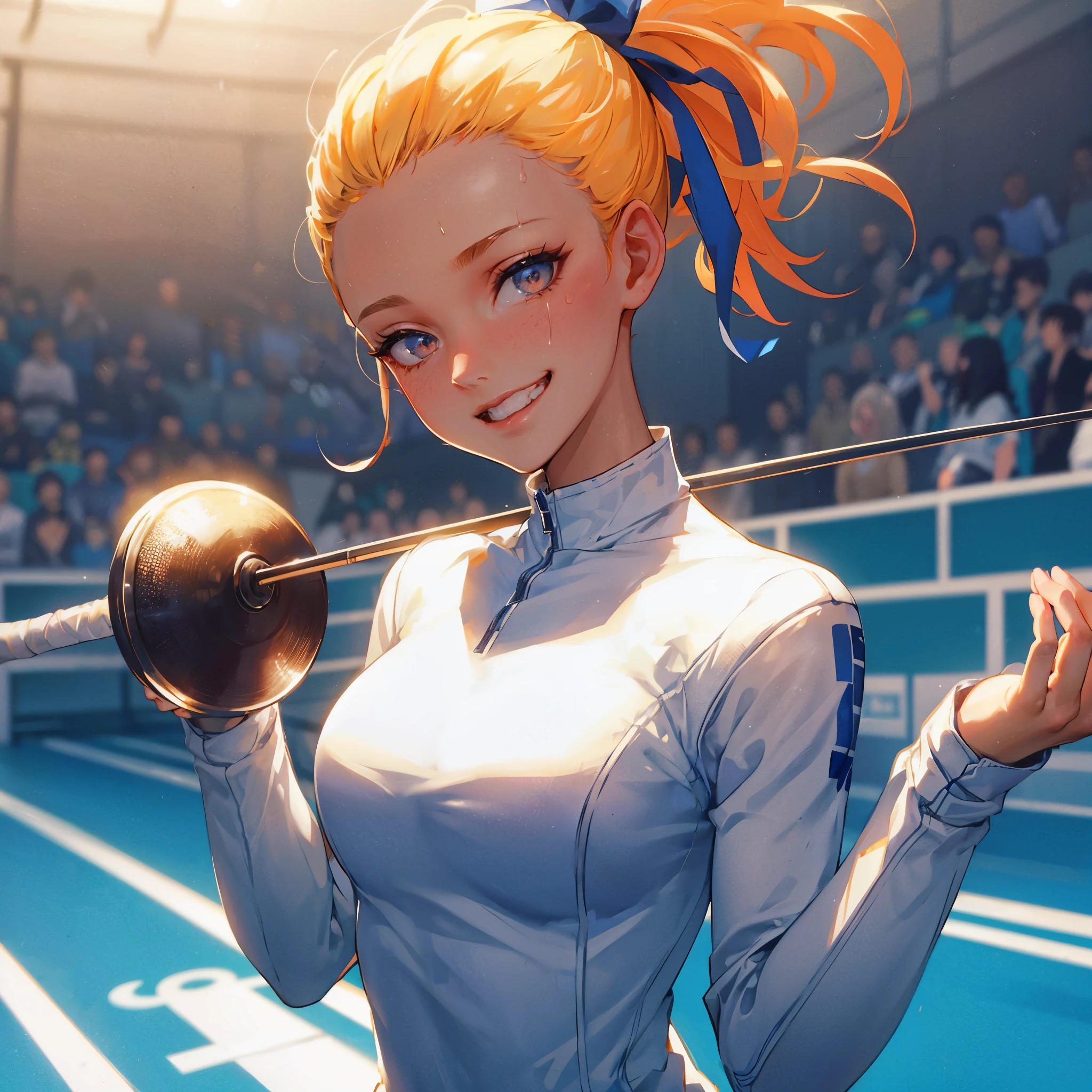 high quality,hd,16k,sharp line,1girl,female fencing  athlete ,cute face, middle breasts, nice legs, sweat,in fencing venue,focus girl,detailed beautiful face,detailed clothes,beautiful eyes,cool,dynamic angle