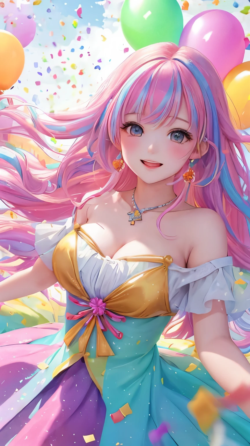 (best quality,highres,masterpiece:1.2),ultra-detailed,balloon aura,(colorful confetti:1.4),beautiful woman,flowing dress,portrait,vivid colors,wavy hair,graceful,pastel tones,soft lighting,smiling face,joyful expression,happy atmosphere,blurred background,celebration, vibes,playful,delicate,positive energy,whimsical elements,sunlight streaming through the trees,sparkling eyes,rosy cheeks,flowing fabric,gentle breeze,ethereal,light-hearted,magical moment,surreal,harmonious,colorful balloons floating in the air,excitement,beauty in motion,warmth,serenity,harmony,peaceful,enchanted evening,summer vibes,airy composition,vibrant atmosphere