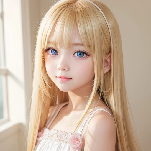 Beautiful super long straight silky hair shining dazzling golden color、bright look、Blonde girl posing with white top、long golden bangs between the eyes of the eyes,,,、fair skin with glossy skin、pink cheeks、shiny cheeks、Real Girl、10 year old girl、Beautiful girl in shining golden platinum blonde、Beautiful big bright blue eyes、happy smile