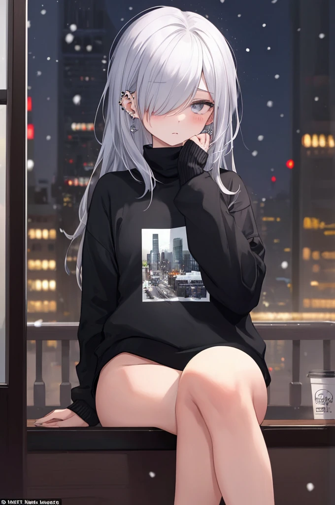 ((masterpiece:1.4, best quality:1.2)), 1girl, solo focus, beautiful skin, blush, black sweatshirt, long white hair, grey eyes, sitting, earrings, Hands piercing, coffee shop window, night, snowing, cityscape, tall female, beautiful and delicate female, comfy ambience, {detailed background}, I'm not wearing panties, hair over one eye, shy, Not wearing underwear, sexy, naked, spread your leg