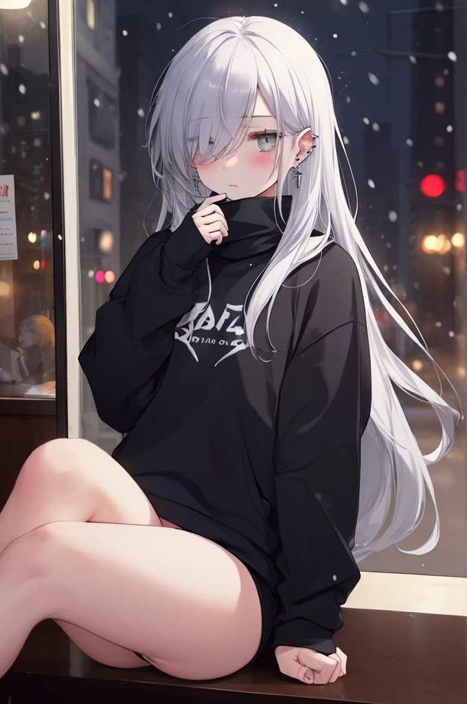 ((masterpiece:1.4, best quality:1.2)), 1girl, solo focus, beautiful skin, blush, black sweatshirt, long white hair, grey eyes, sitting, earrings, Hands piercing, coffee shop window, night, snowing, cityscape, tall female, beautiful and delicate female, comfy ambience, {detailed background}, I'm not wearing panties, hair over one eye, shy, Not wearing underwear, sexy, naked, spread your leg