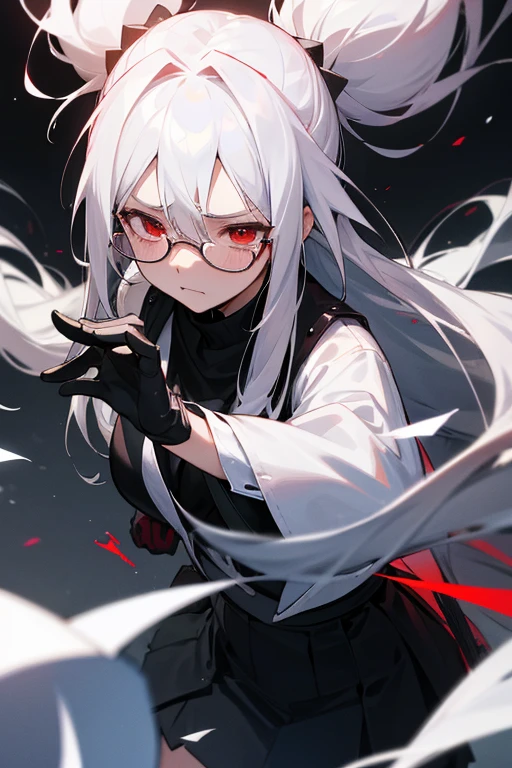 High Resolution, Detailed Face Features, Face Focused, Wallpaper, Outside, Public,Female, Long White Hair, Black Gloves, White Glasses, Black Sweater, Black Skirt, Red Eyes, Pain, Tears, Revenge, Sad, Hopeless, Long Pony