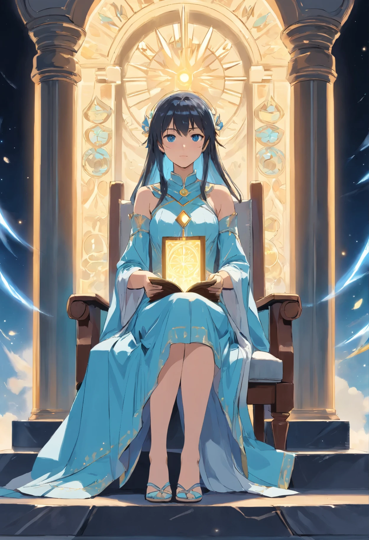 Universal Waite Tarot Card No. 2 Priestess, Between the black and white pillars, she is wearing a pastel light blue dress, holding a book, sitting on a chair and looking straight ahead.