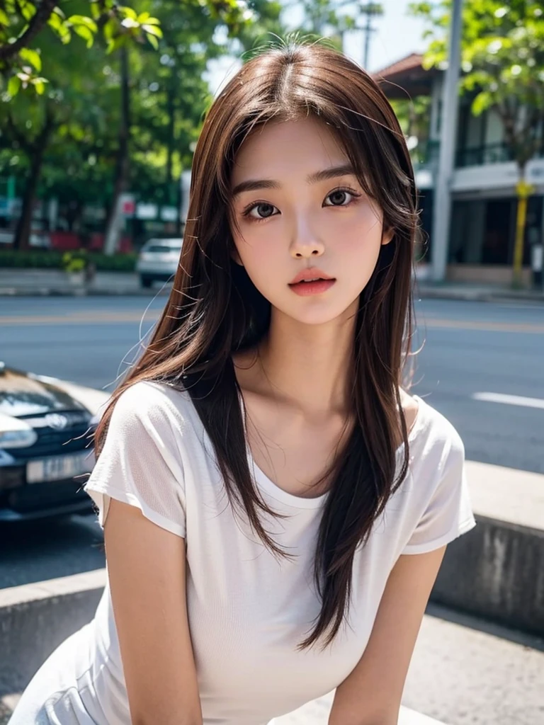 1 Girl,roadside,Soft Light,Chinese Beauty,dress,Long hair