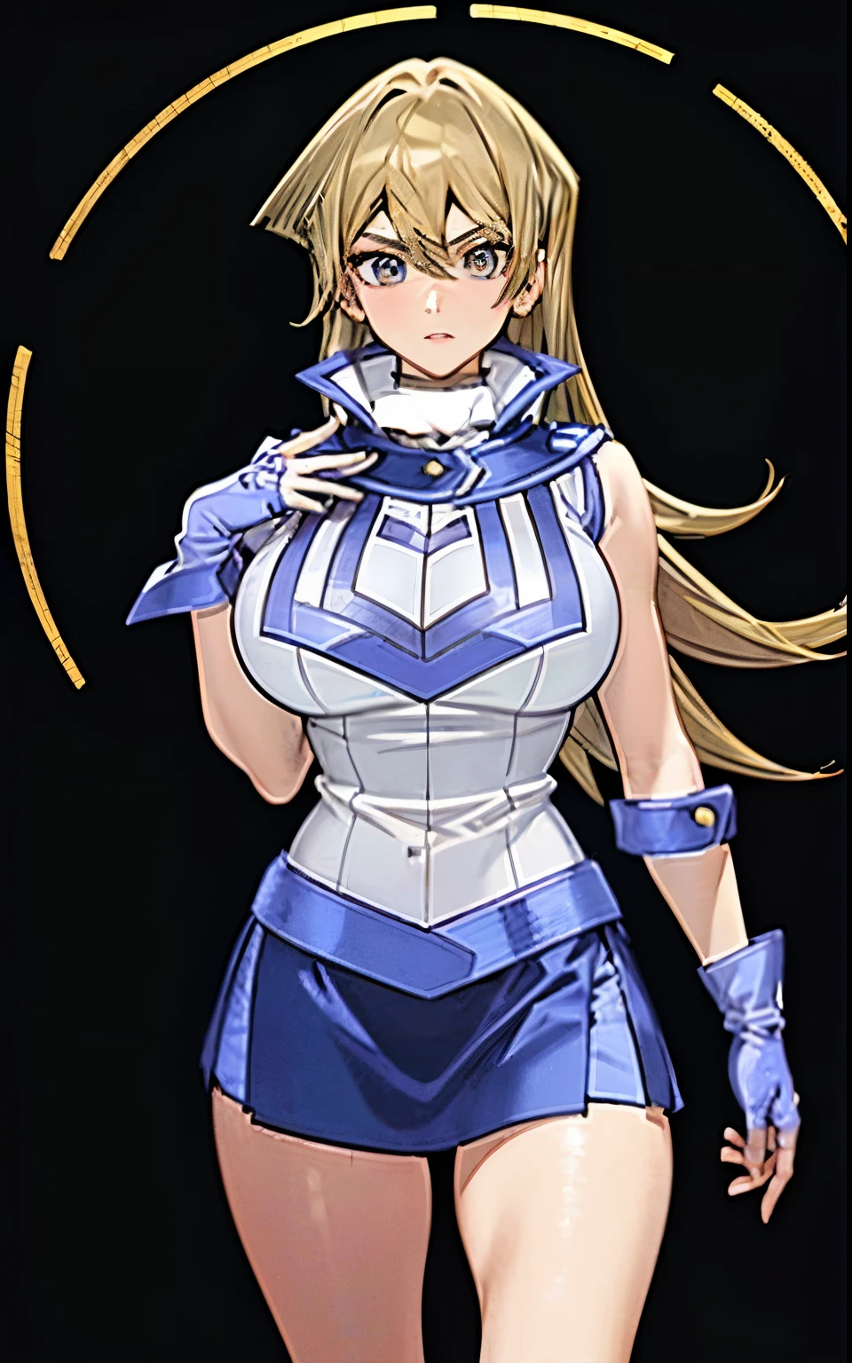 (masterpiece,best quality,ultra-detailed,highres,illustration:1.2),((asuka tenjouin)), (collar), blue and white colors, (dark blonde),  extremely detailed wallpaper,official art, (long hair), blue skirt, blue gloves, amazing,high detail,ultra-detailed,extremely detailed 8k wallpaper,(character design),(simple background, white background: 1.3),(1girl),(solo),(young girl:1.2),(taimanin suit),sexy,perfect anatomy,beautiful face,perm hairstyle,silver hair colour,big breasts,cowboy shot,standing,looking at viewer