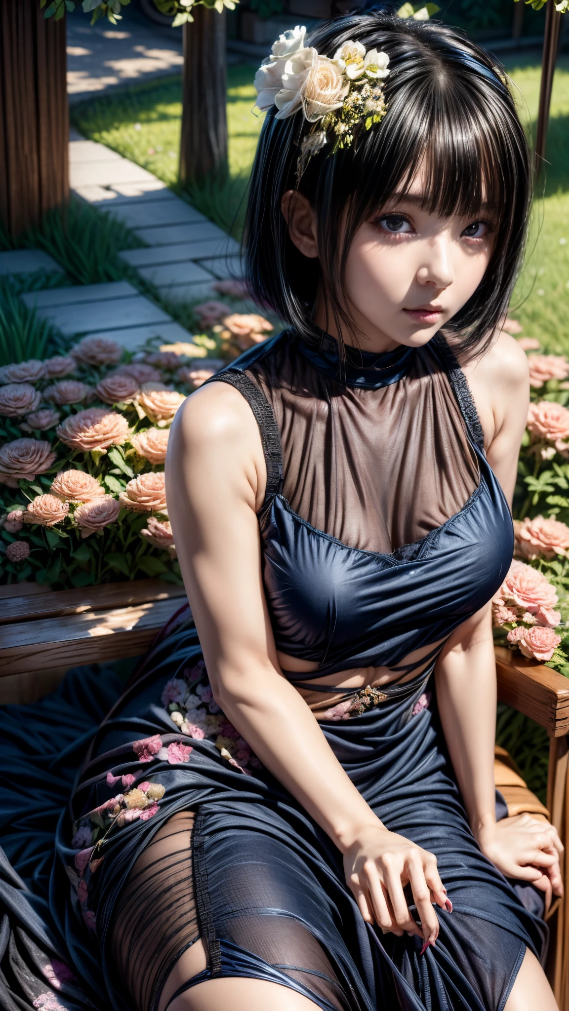 girl blue short hair sitting on a bench with flowers in her hair, hinata hyuga, anime girl wearing a black dress, made with anime painter studio, portrait of mayuri shiina, sasoura, hana yata, painted in anime painter studio, kotegawa yui, from naruto, anime style character, sitting with flowers, misato katsuragi