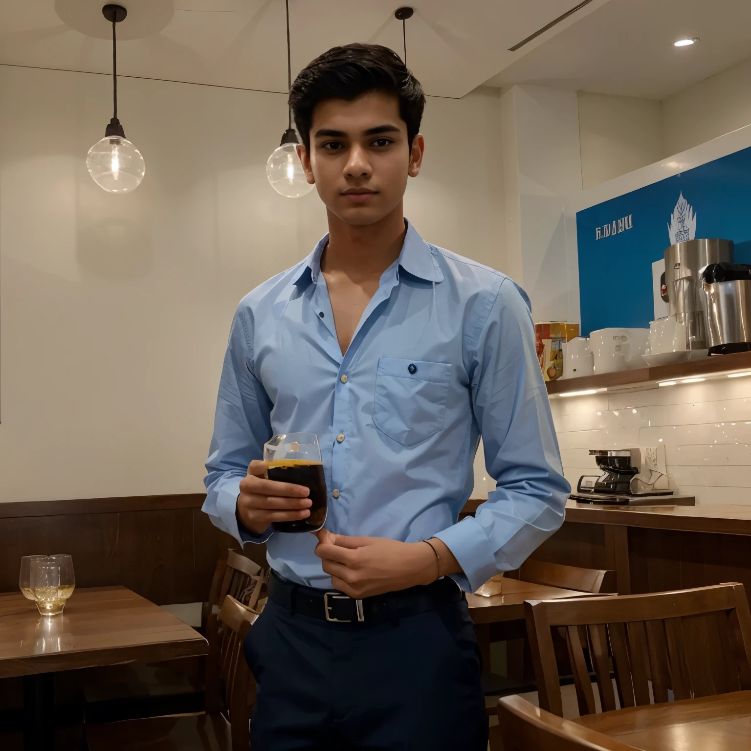 A 18year old boy skinny just white (Indian fair) photo wearing blue formal shirt in a designed restaurant. Frame it as an profile picture of that boy. Boy face shape is oval with black hairs