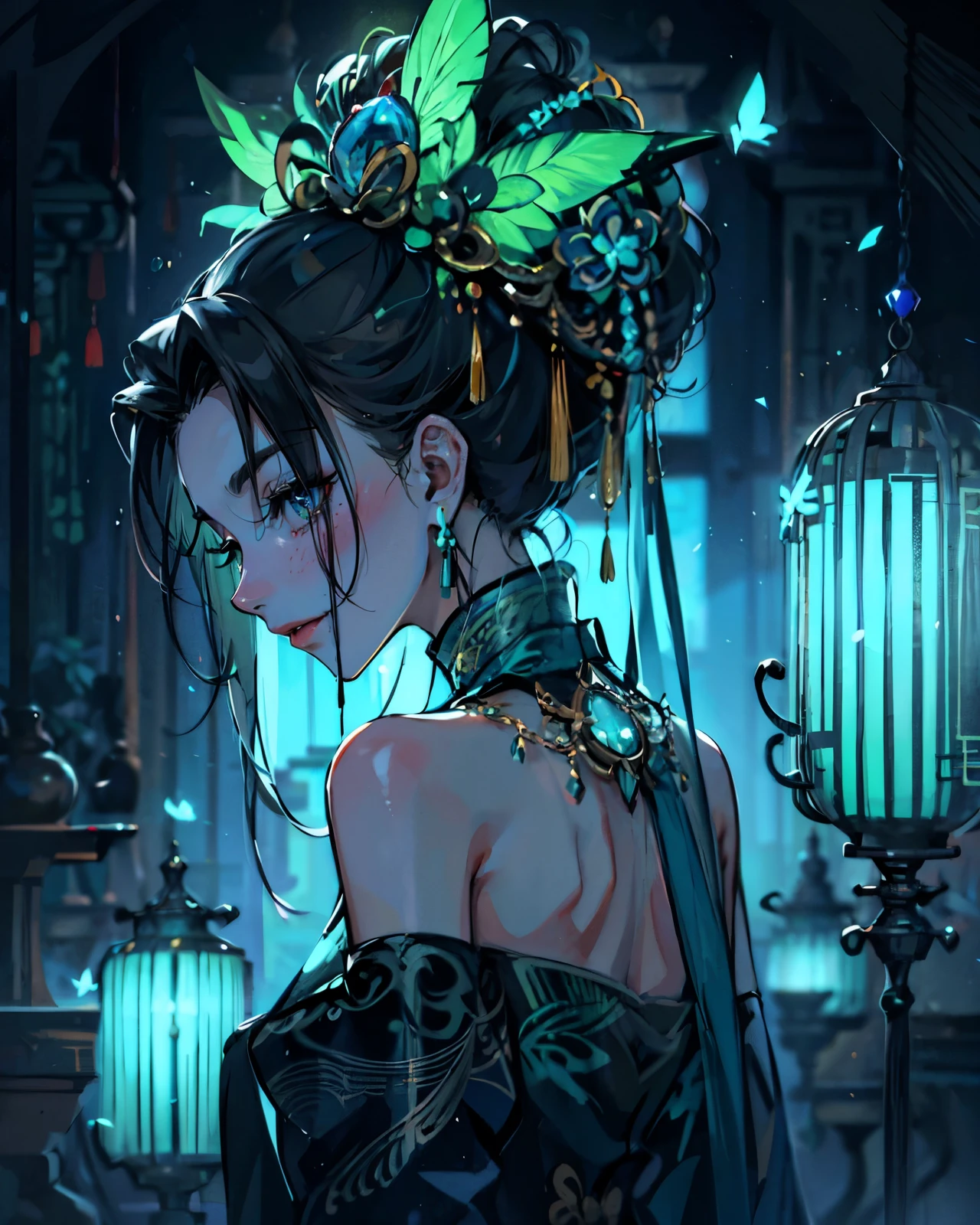 (masterpiece, best quality), solo, woman, elegant, evil, mysterious, dramatic, ((Chinese empress)), empress, black hair with bun, (both eyes-closed), (long dramatic black and green colours qipao), hair accessories, (jade accessories), Chine lamps, shrine, Chinese temple in background, soft glow effect, vivid colors, neon, intricate details, portrait, (back view), Upper-body, scenery