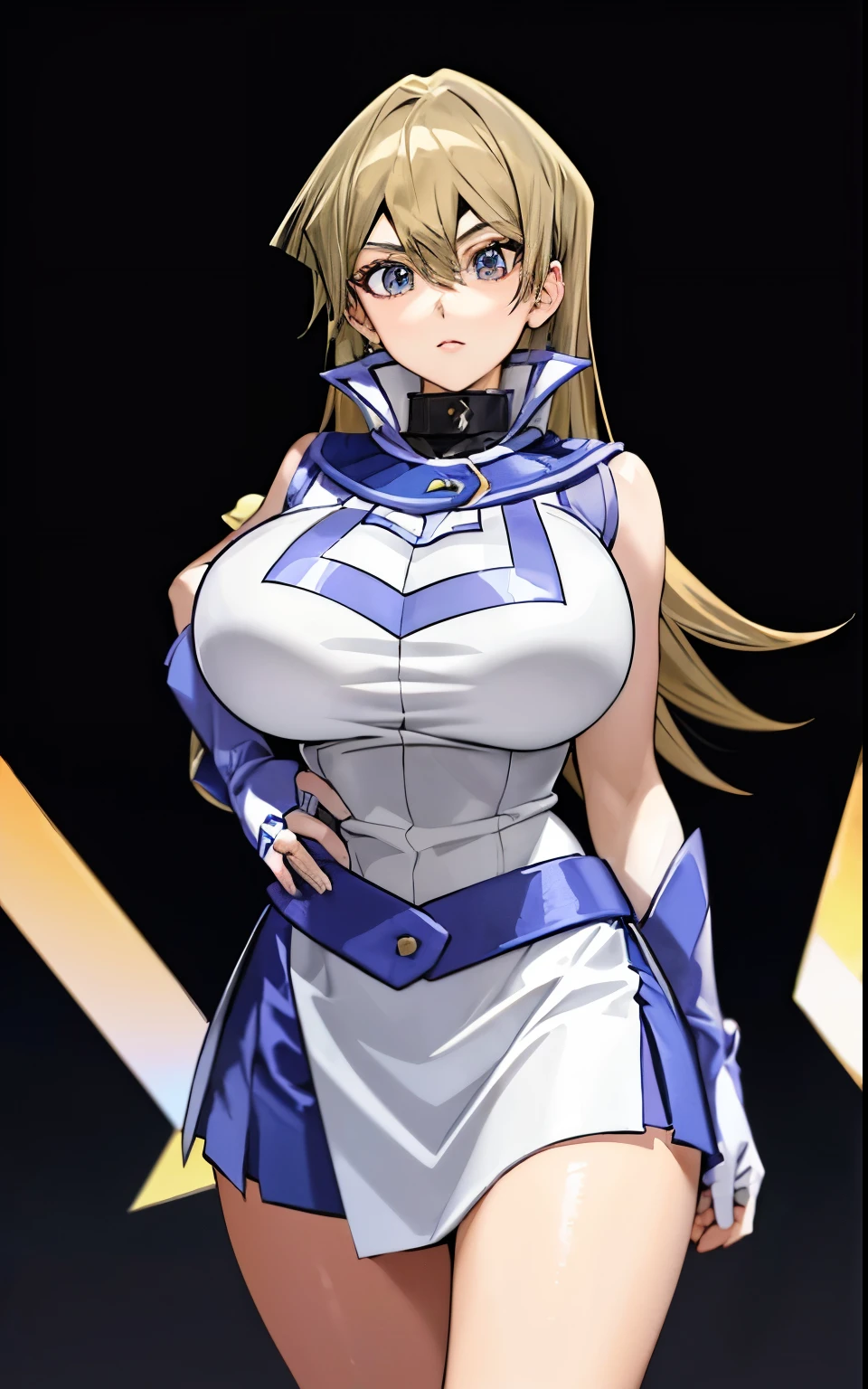 (masterpiece,best quality,ultra-detailed,highres,illustration:1.2),((asuka tenjouin)), (collar), blue and white colors, (dark blonde),  extremely detailed wallpaper,official art, (long hair), blue skirt, blue gloves, amazing,high detail,ultra-detailed,extremely detailed 8k wallpaper,(character design),(simple background, white background: 1.3),(1girl),(solo),(young girl:1.2),(taimanin suit),sexy,perfect anatomy,beautiful face,perm hairstyle,silver hair colour,big breasts,cowboy shot,standing,looking at viewer