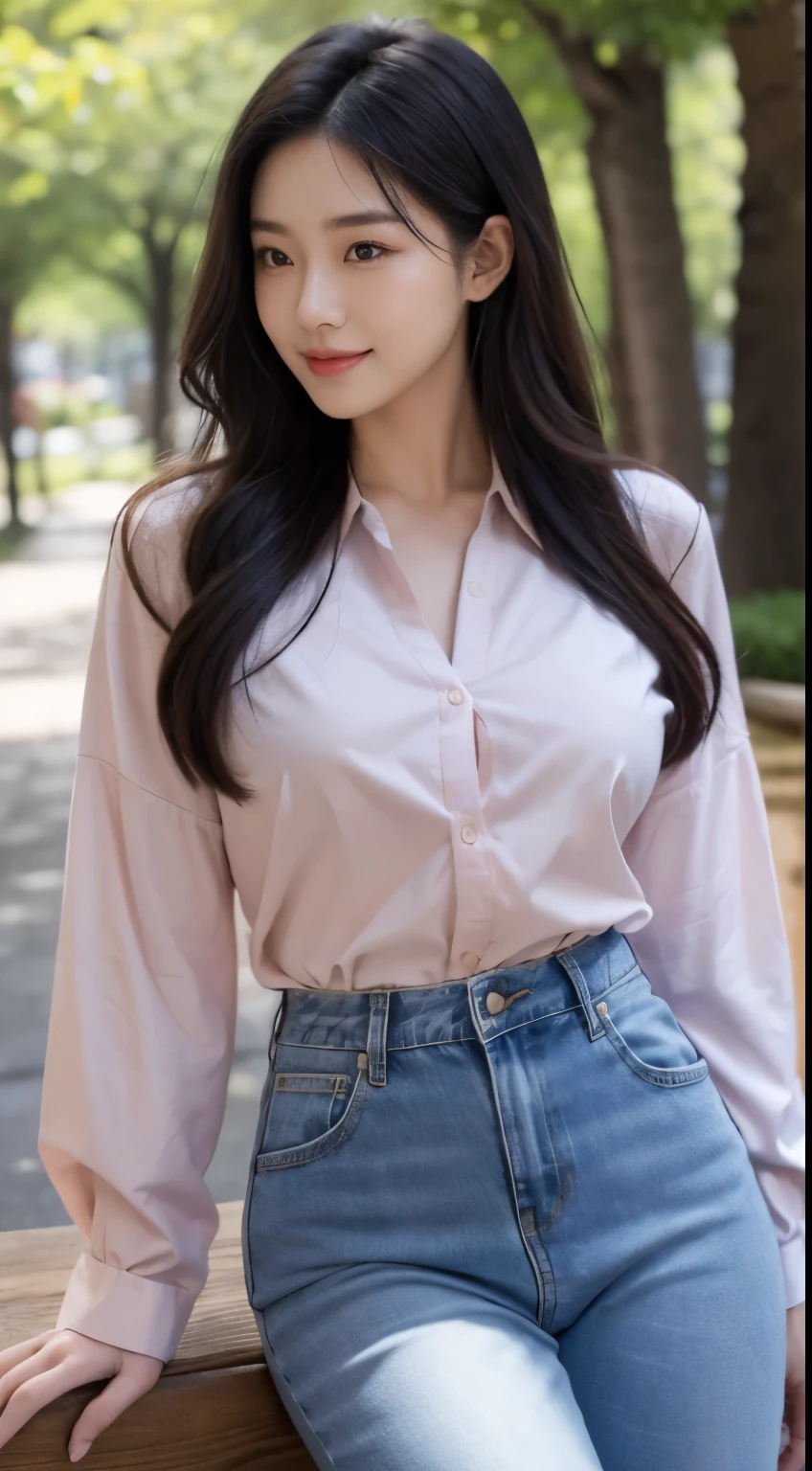 Foto hiperrealista en primer plano de Kim Ji-soo from Korea, masterpiece, best quality, (photorealistic:1.4), full body, Luxurious pink long sleeves button-up shirt, blue jeans, woods, sunny day, cinematic light, beautiful woman, skinny, large big breasts, black long hair, detailed face, smile, facing the camera, photo taken from a distance, age of 25 years old
