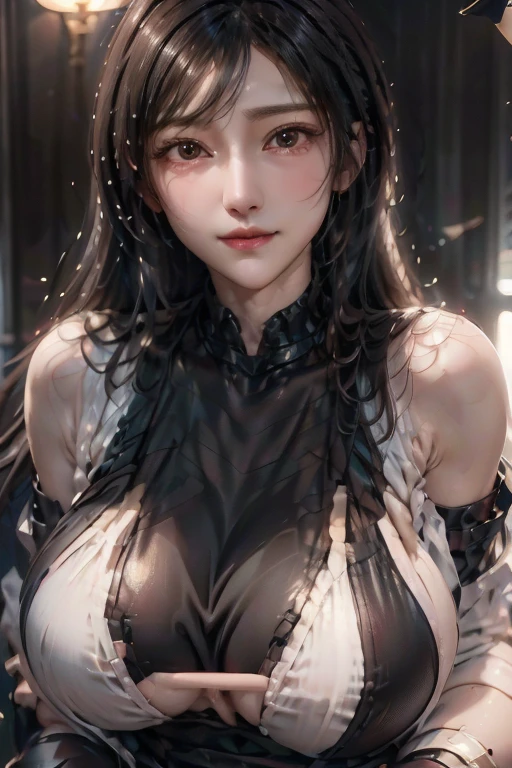 8K,masterpiece, quality loss,big, (1 girl), tifa lockhart, red_eye, black hair, long hair, shiny skin, shiny big, ((highest quality)), sharp focus: 1.2, Highly detailed face and skin texture, detailed eye, perfect face, perfect body, art, cg, blur background, big with presence, 20 years, Cool and beautiful face wear for adults (black skirt suspenders), black elbow gloves, white tight shirt, tin high, white tank top), standing position, whole body