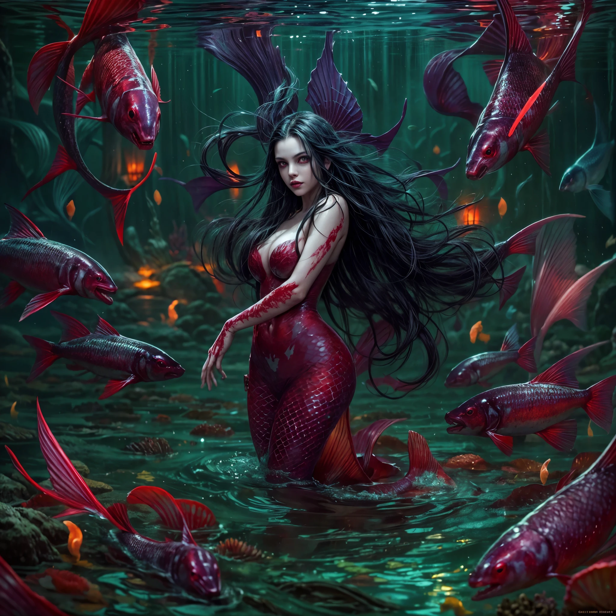high details, best quality, 16k, [ultra detailed], masterpiece, best quality, (extremely detailed), full body, ultra wide shot, RAW, photorealistic, dark fantasy art, dnd art, rpg art, realistic art, an ultra wide picture of a vampiric mermaid (1.5 intricate details, Masterpiece, best quality) blood mage casting ((blood control spell)), blood wizard ((blood magic, intense magic details)), ((controlling a swirling mass of blood)) underwater, magical symbols GlowingRunes_pink, female vampiric mermaid, pale skin, black hair, long hair, swirling hair, lower body tail fin, intense eyes, red eyes, small (( red eyes)), ((glowing eyes)), wearing sea shell clothing, beautiful dark mermaid, underwater background, rich underwater life, ((magical atmosphere)), fish and sea weeds, high details, best quality, highres, ultra wide angle