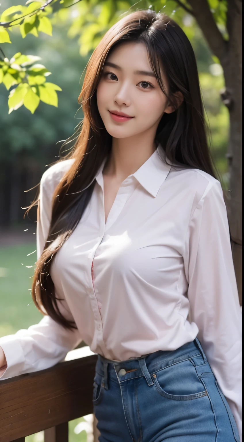 Foto hiperrealista en primer plano de Kim Ji-soo from Korea, masterpiece, best quality, (photorealistic:1.4), full body, Luxurious pink pink long sleeves button-up shirt, blue jeans, woods, sunny day, cinematic light, beautiful woman, skinny, large big breasts, black long hair, detailed face, smile, facing the camera, photo taken from a distance, age of 25 years old