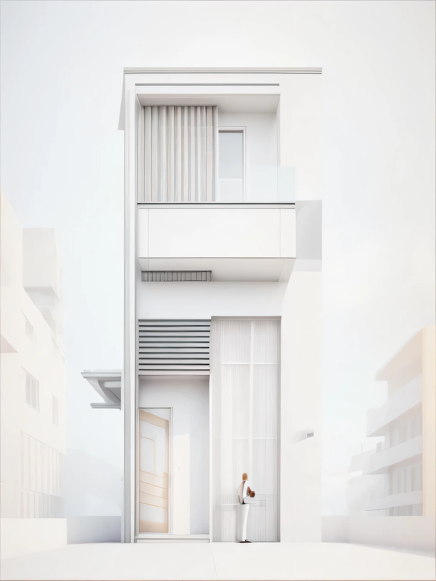 il y a une personne debout devant la maison avec un balcon, Rendu V-ray, design extérieur, visualisation architecturale, vray beautiful, villa interdimensionnelle, art Déco, Art conceptuel, Architecture d&#39;intérieur, rétroéclairage, remplissage d&#39;image, chef-d&#39;œuvre, peau texturée, Super détail, Haute qualité, haute résolution, 4k