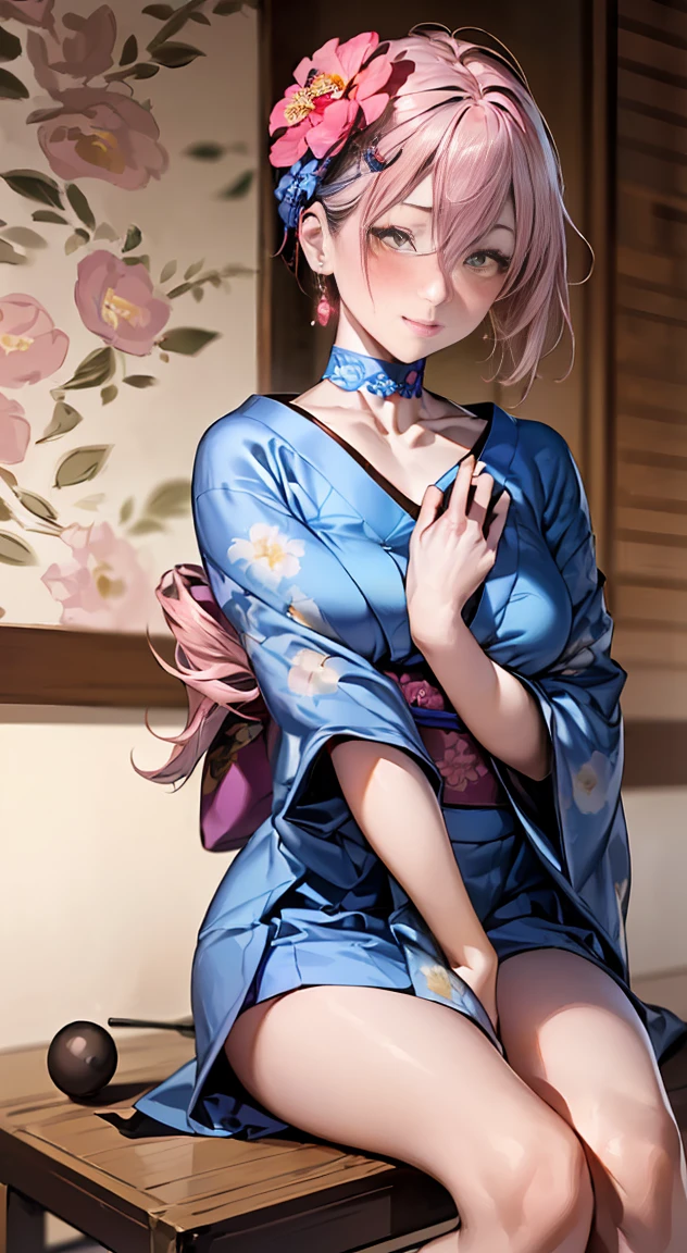 (masterpiece:1.2, highest quality), (realistic, photorealistic:1.4), beautiful illustrations, 
looking at the viewer, whole body, Front view:0.6, 
1 female, 34 only, Japanese, ((pink hair:1.5, bun hair:1.5)), bangs, hair between eyes, ((height: 158cm, medium breasts:1.6, big ass)) 
beautiful hair, beautiful face, beautiful and detailed eyes, (yellow eyes:1.3), beautiful clavicle, beautiful body, beautiful breasts, beautiful thighs, beautiful feet, beautiful fingers, perfect anatomy:1.3, perfect anatomy
(Japanese style room)
((blue floral kimono:1.9, hair ornaments, choker:1.6)), 
((Put your left hand on your chest, stand with legs apart:1.3)), 
(Look at the viewer while blushing:1.3), ((to NFSW:1.0))