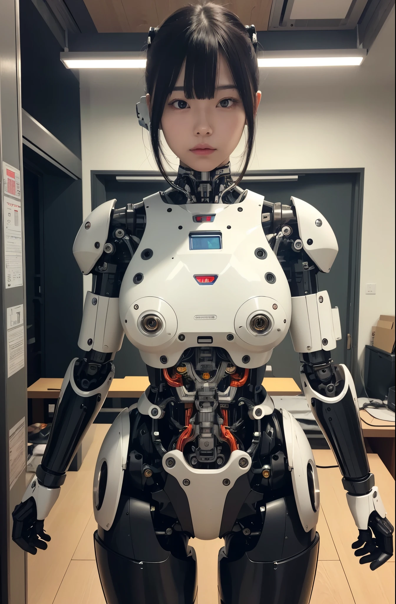 masterpiece, best quality, extremely detailed,  Japaese Cyborg girl,Plump , control panels,android,Droid,Mechanical Hand, Robot arms and legs, Black Robot Parts,Black hair,Mechanical body,Blunt bangs,White robotics parts,perfect robot girl,long tube,thick cable connected her neck,ceramic body ,mechanical body, mechanical ear cover, mechanical costume,android,robot,humanoid,cyborg,japanese android woman ,mechanical chest,full eyes,future laboratory,connecting a cable between the legs,a bit chubby,