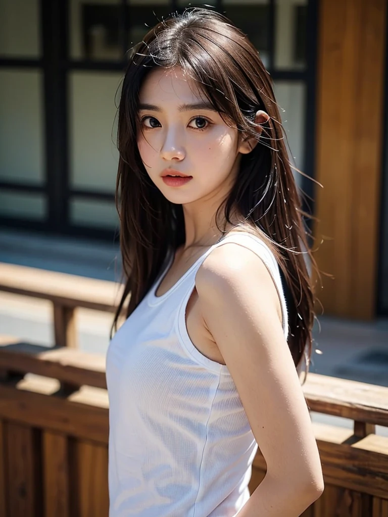 doress、(Photorealsitic:1.4)、(hyper realisitic:1.4)、(realisitic:1.3)、(Smooth lighting:1.05)、(Improved lighting quality in movies:0.9)、32K、1girl in、20 years girl、Realistic lighting、Back lighting、Facial light、raytrace、(brightened light:1.2)、(enhanced quality:1.4)、(Top quality real texture skins:1.4)、finely eye、finerly detailed face、Fine quality eye、(Tired, sleepy and satisfied:0.0)、 close up of face、tshirts、(enhance body line mood:1.1)、(Increase the beauty of skin texture:1.1)、Slimed、A slender、Model body type、Dyed branded hair、Middle hair