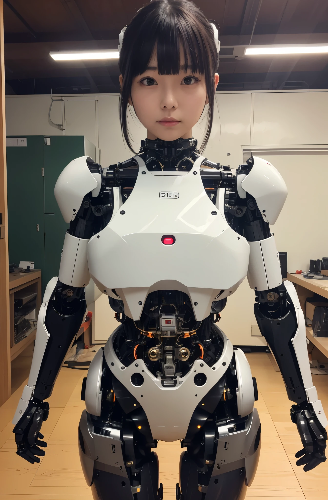 masterpiece, best quality, extremely detailed, Japaese Cyborg girl,Plump , control panels,android,Droid,Mechanical Hand, Robot arms and legs, Black Robot Parts,Black hair,Mechanical body,Blunt bangs,White robotics parts,perfect robot girl,long tube,thick cable connected her neck,ceramic body ,mechanical body, mechanical ear cover, mechanical costume,android,robot,humanoid,cyborg,japanese android woman ,mechanical chest,full eyes,future laboratory,connecting a cable between the legs,a bit chubby,
