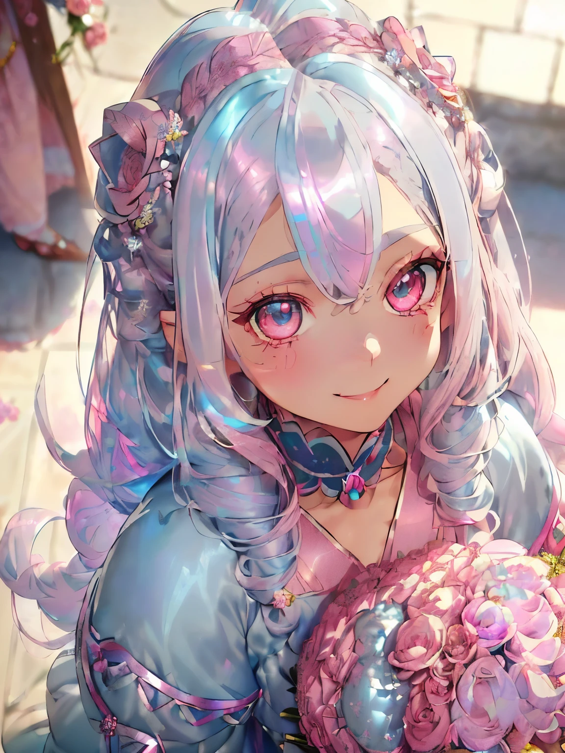 ((silver hair:1.2)),(long hair with curls:1.3),(iridescent eyes:1.4),(Eye size:1.5),(Star-shaped accessories:1.3),((fashion//Traditional and feminine clothes、red, pink and light blue:1.4)),(blush),(upward glance:1.3),((small breasts:1.25)),(focus on face:1.3),((look up:1.6)),(smile:1.5),((close up of face:1.5)),((Cat ear)),((fancy atmosphere:1.2)),((large bouquet of flowers:1.4))