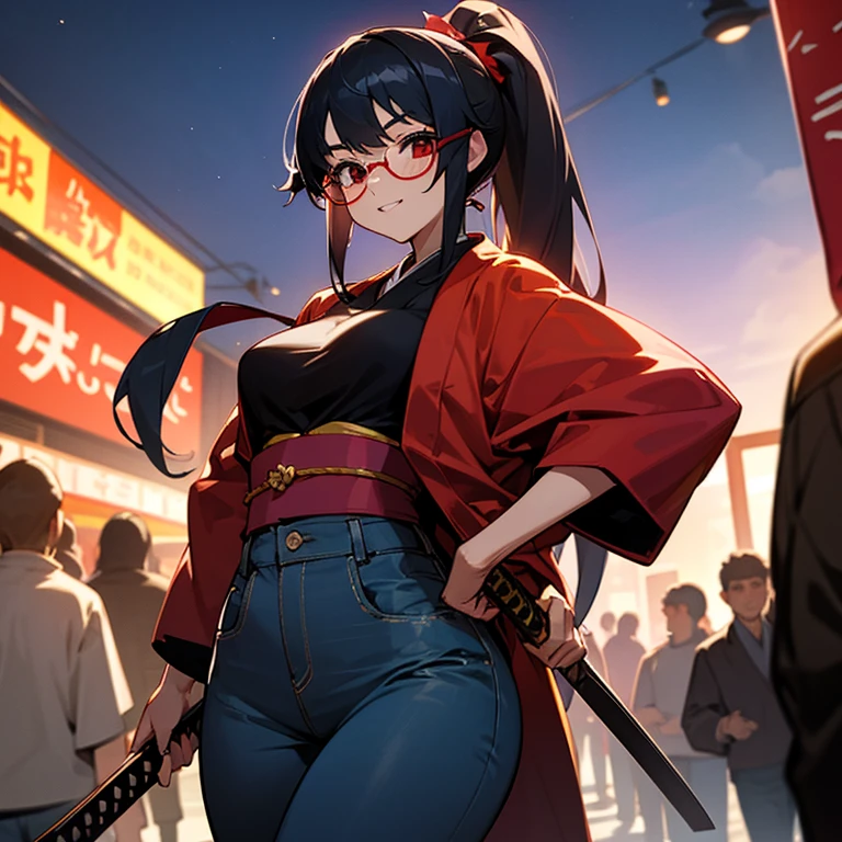 beautiful woman, high school student, a solo woman, 17 years old, black hair, long hair, ponytail, red eyes, glasses, confident smile, small nose, small face, large breasts, big hips, height 170cm, aloha shirt, jeans, wearing a sword, carrying a Japanese sword on the back, Japanese sword in sheath, 2-meter-long Japanese sword, muscular body, walking in the city, night, summer, amidst the crowd