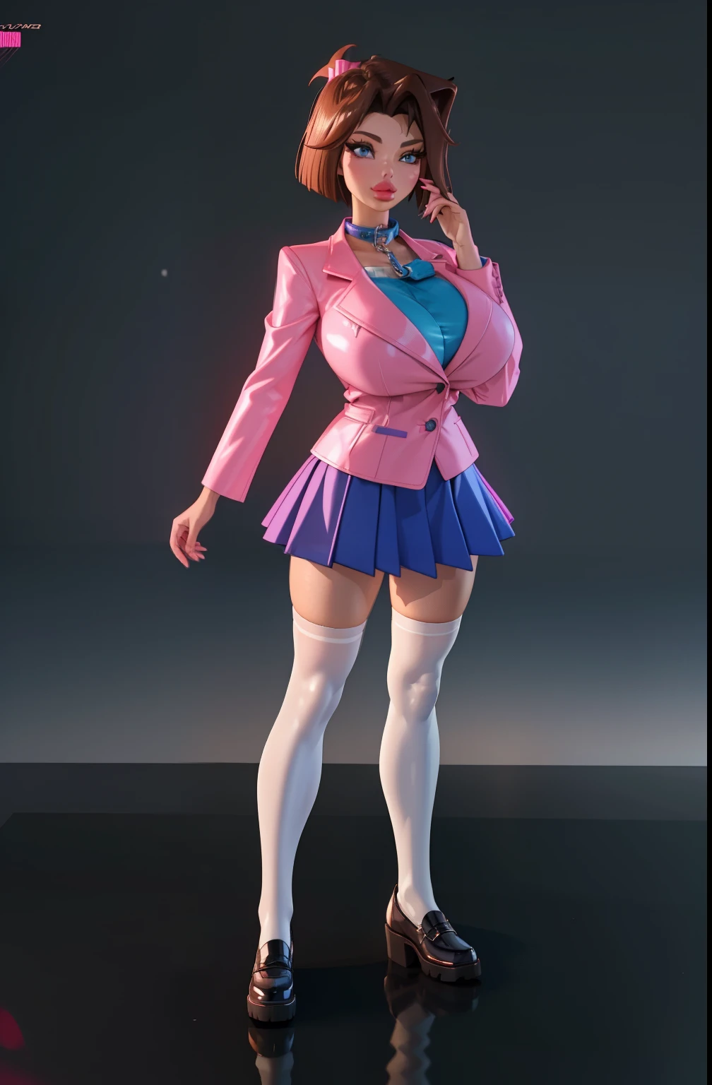 Highest quality,The perfect masterpiece,Perfect artwork,8K,
(Full body view:1.5),(gigantic breasts:1.3),Delicate face, lens, slendered abs, ((tea Gardner)), ((anzu)), Yugioh,
((Aletta ocean face)), blue ribbon on collar, (pink blazer), (brunette), (short bobcut), Beauty and dragon,water light reflection, puffy lips, defined cheekbones, blue skirt, white thighhighs, black dress shoes, pearl illusion,candy color,Cyberpunk,fashion trend,3s material,high-definition,detail representation,3D,c4d,3D,octane rendering,ray tracing,complex details,animated lighting,C4d,OCrenderer,8k,best quality,
