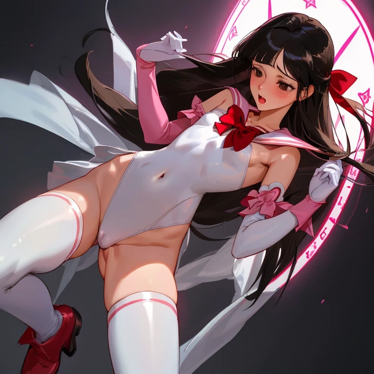 {{{{amazing quality, great quality, high quality, very aesthetic, aesthetic, best quality}}}},
realistic, photo, shadow, Three-dimensional, absurdres, Digital art,
{{{{Magical girl}}}}, beautiful girl, one girl,
black hair, long straight hair, hair, trimmed hair, shiny hair, blunt bangs, short sideburns,
brown eyes, tareme,
{{flat chest}}, {{small breasts}}, {{detailed body}}, slim thighs, thin thighs,
{{white leotard}, {leotard peek}}, {{pink sailor collar}}, {{pink elbow_gloves}}, {{red boots}},
ribbon trim, red bow tie, heart brooch, thigh strap, white headband, white circlet, white cloak,
{{both shoulders expose}}, {{covered navel}},
{{magic circle}}, {{{{1 boy, a boy is grabbing girl’s breasts from behind}}}}, distress, resistance, defeat, inferiority, aroused, sexual pleasure, troubled face, shy, orgasm, sensitive body, ,