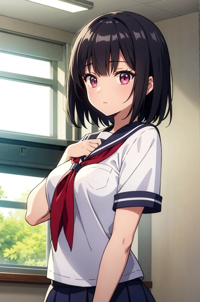 (masterpiece),  1girl,  black hair,  short hair,  ruby eyes,  medium breasts,  school uniform,  upper body