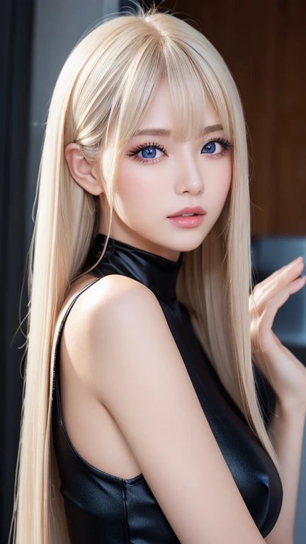 unparalleled beauty, Glossy firm and shiny skin, bangs between the eyes, Glossy Straight Beautiful Platinum Blonde, Super Long Straight Silky Hair, eyeliner, sexyで美しい無邪気な20歳, High Definition Big Big Beautiful Bright Blue Eyes, beautiful and nice girl, ((huge ))、((erotic、sexy、ultra high resolution、the lighting is bright、Precise hands without any discomfort))、hair over eyes、hair over one eye、hair between eyes、