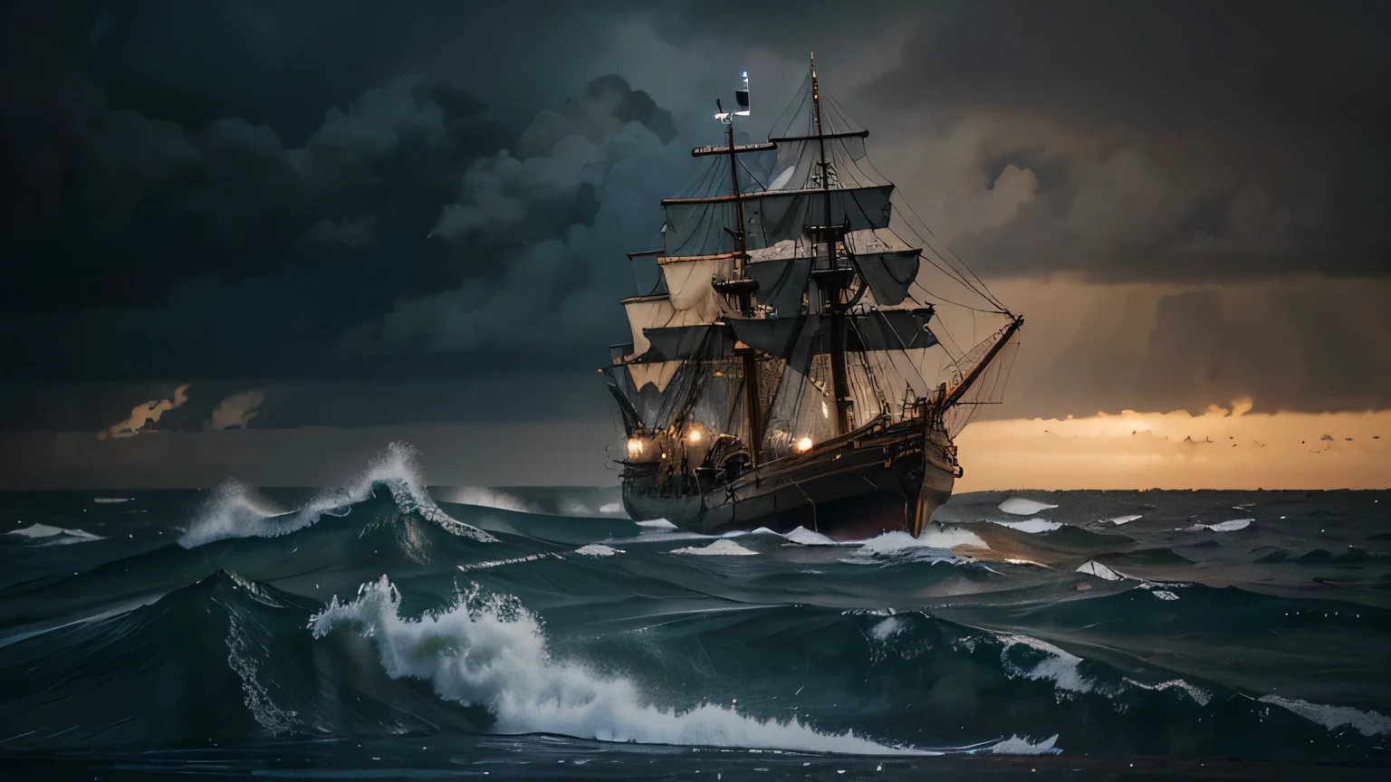 a ship on rough seas,stormy weather,big waves,splashing water,dramatic sky,breathtaking view,detailed wooden structure,rusted anchor,tall masts and sails,crashing waves against the hull,wet and slippery deck,billowing sails,dark and mysterious atmosphere,saltwater mist in the air,seagulls flying overhead,strong winds and gusts,seaman struggling to steer the ship,strategic sea battle,vintage ship with exquisite craftsmanship,adventure and exploration at sea,imposing and majestic presence,battle scars and worn-out paint job,grandeur and power,ominous and thrilling,emerging from the fog,secrets of the deep,perilous journey into the unknown,moment of calm amidst the chaos,starry night sky,glowing moonlight reflecting on the water