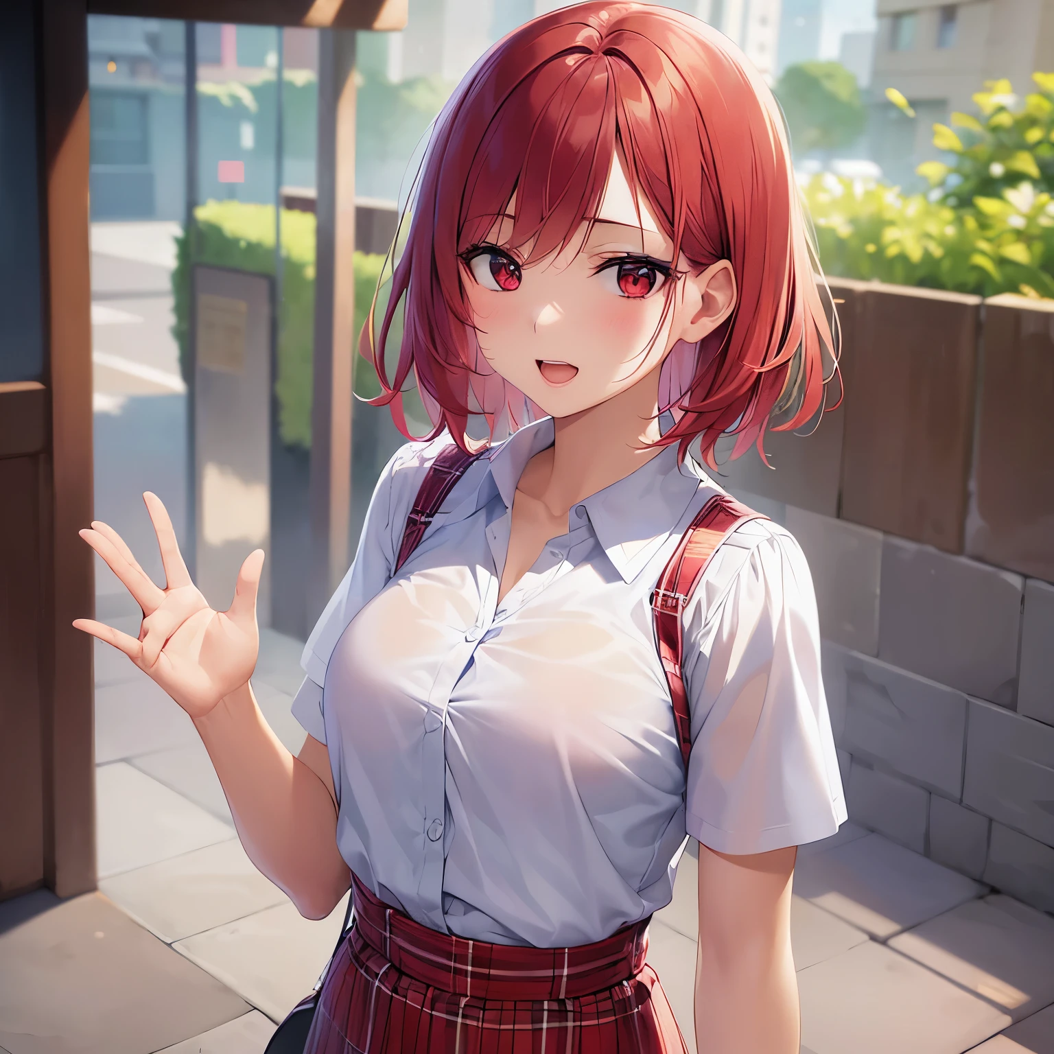 (Waving hand:1.4), Realistic, real person, RAW photo, photorealistic, portrait photography, shiny skin, japanese idol, 25 year old woman、(bob cut hair) and (red hair:1.3) and (red eyes:1.3), wearing a beige suit、wearing a white blouse、Wearing a beige tight skirt、emphasizes the chest、laughing、open mouth, blush, The background is a park、stall
