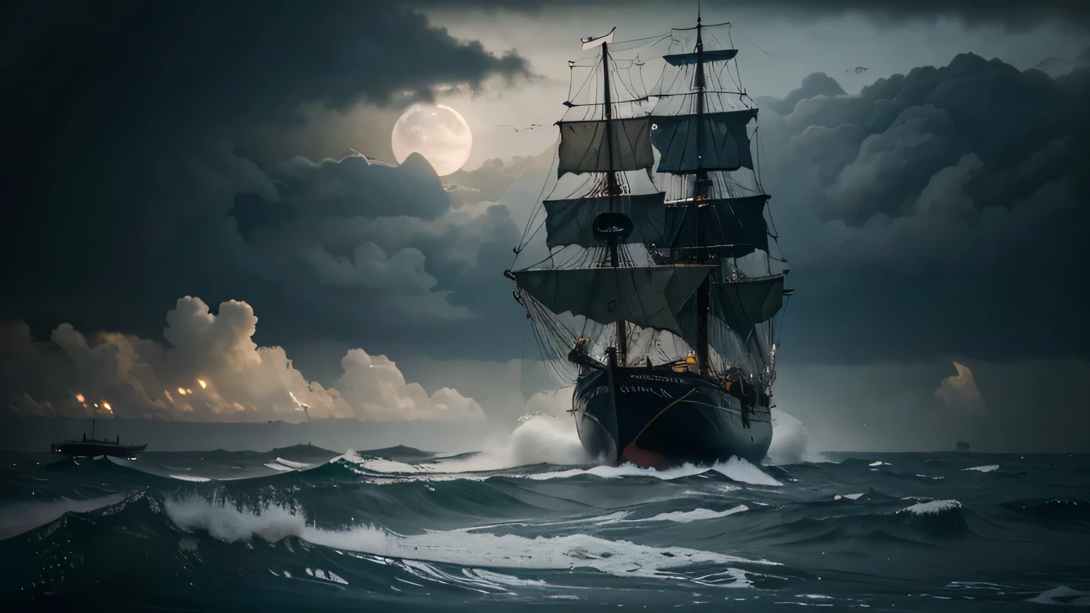 a ship on rough seas,stormy weather,big waves,splashing water,dramatic sky,breathtaking view,detailed wooden structure,rusted anchor,tall masts and sails,crashing waves against the hull,wet and slippery deck,billowing sails,dark and mysterious atmosphere,saltwater mist in the air,seagulls flying overhead,strong winds and gusts,seaman struggling to steer the ship,strategic sea battle,vintage ship with exquisite craftsmanship,adventure and exploration at sea,imposing and majestic presence,battle scars and worn-out paint job,grandeur and power,ominous and thrilling,emerging from the fog,secrets of the deep,perilous journey into the unknown,moment of calm amidst the chaos,starry night sky,glowing moonlight reflecting on the water