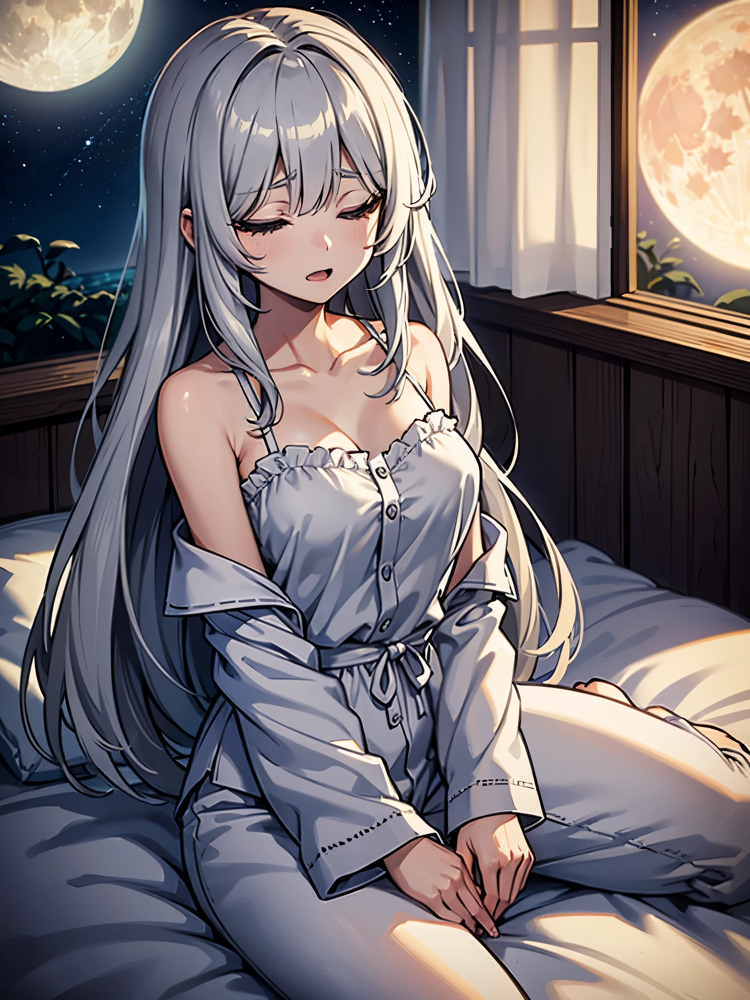 鮮やかなcolorfulな絵画、An illustration、Ligne Claire、(dream-like)、(colorful:1.3)、perfect composition、Original Characters、((((Yawn)))、Comfortable、cute fang、disheveled gray hair exposed to the wind、girl wearing loose pajamas、sitting on bed with soft pillows、Behind is a huge moon and a sea of stars、(long gray hair:1.1)、(close your eyes)、masterpiece、Natural volumetric lighting and best shadows、deep い is written in the depth of the world、sharp focus、Stunning portrait beautiful  girl、Soft and delicate beautiful charming face with enchanting black eyes、Nice little breasts、sharp eyeliner、bloom、Picturesque