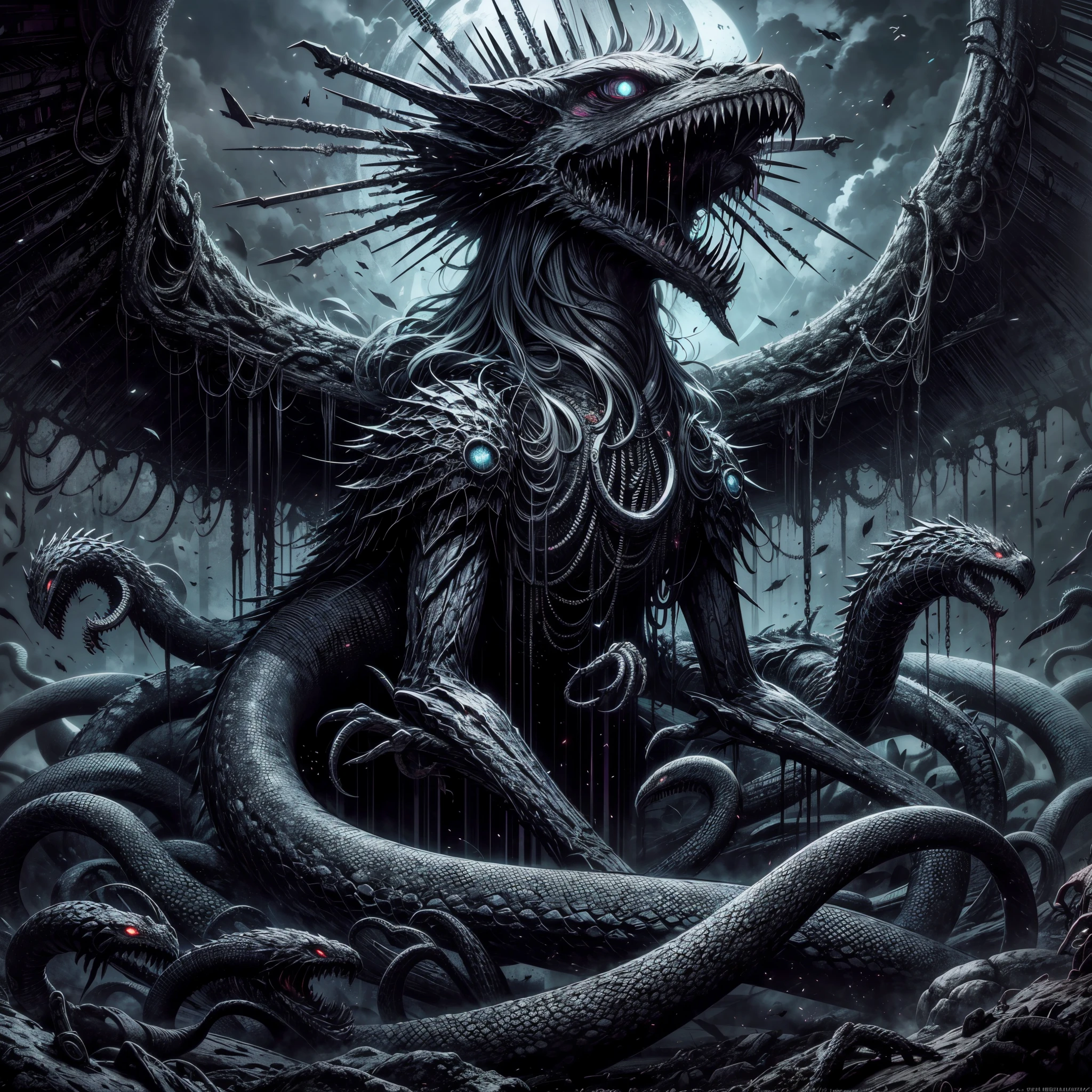 dark soul boss, Elden Ring style, HP.lovecraft,a terrific creature, an eldritch abomination, lots of long thick tentacles, countless mouth with sharp teeth, colossal shape, lots of glowing eyes,spike, scales,claws, chimera,horn, horror,wings,all combine together in the shape of a turtle with snakes came from shell, dark color, black energy mist,aura of death, white eye snakes, holding a giant futuristic laser canon