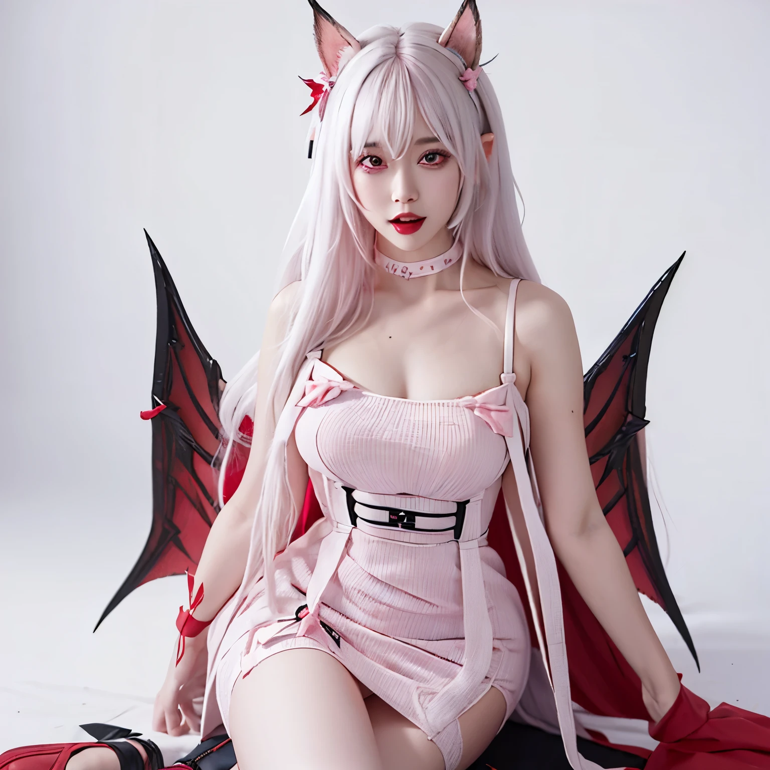 Two dimensions，live2d，cute，Charming girl face，pink eyes，Elf ears，white hair，Double tail，A pair of devil horns on the head，Wearing a black suspender dress，The dress has a bow on the side，There is pink gauze on the skirt，There is a pink bandage on the arm，HD picture quality，Exquisite hand masterpiece,best quality,official art,Extremely detailed CG unified 8k wallpaper, huge_File size, coronavirus, White background, 1 girl, alone,  head tilt, Ridiculously long hair, pink and white hair , hairpin, Cat hair accessories, Light blush, Heart in eyes, looking at the audience, stare at, Light, open mouth, teeth, lol, low contrast, white hair, red eyes, Devil's Point, Demon Wings, dynamic poses