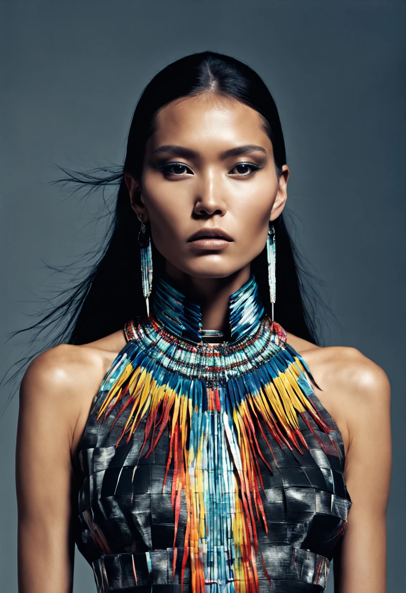 a photograph of native american female model, professional photoshoot, classic haute couture:0.7, glitch aesthetic:0.3, haute couture:0.7 , torso shot, medium shot, glamour shot, by Balenciaga high fashion creator ,