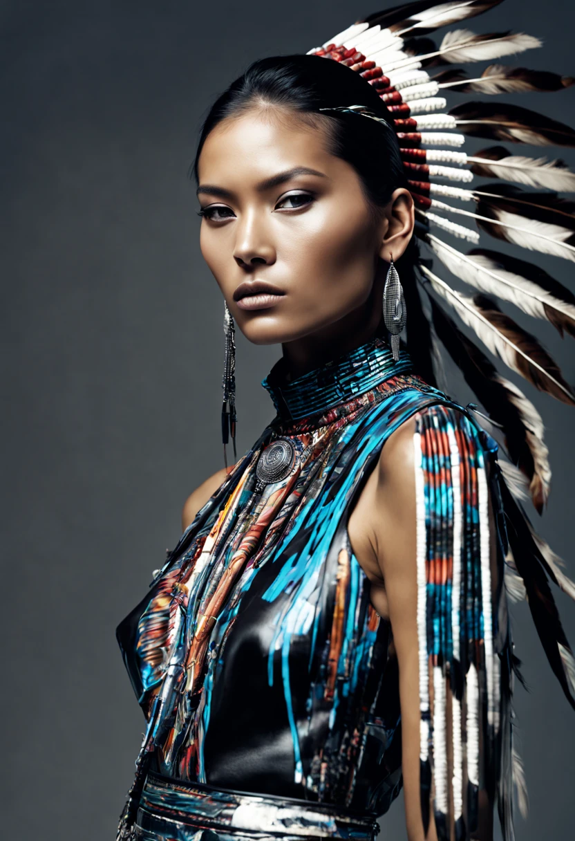 a photograph of native american female model, professional photoshoot, classic haute couture:0.7, glitch aesthetic:0.3, haute couture:0.7 , torso shot, medium shot, glamour shot, by Balenciaga high fashion creator ,