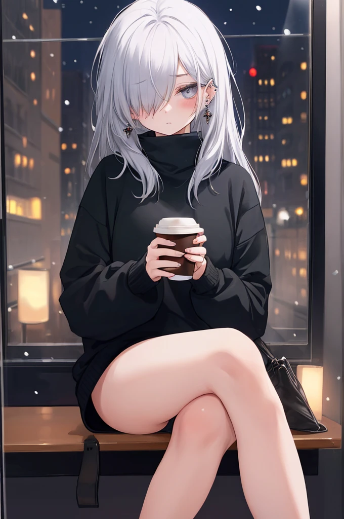((masterpiece:1.4, best quality:1.2)), 1girl, solo focus, beautiful skin, blush, black sweatshirt, long white hair, grey eyes, sitting, earrings, Hands piercing, coffee shop window, night, snowing, cityscape, tall female, beautiful and delicate female, comfy ambience, {detailed background}, I'm not wearing , hair over one eye, shy, Not wearing underwear, sexy, nd, sprour leg