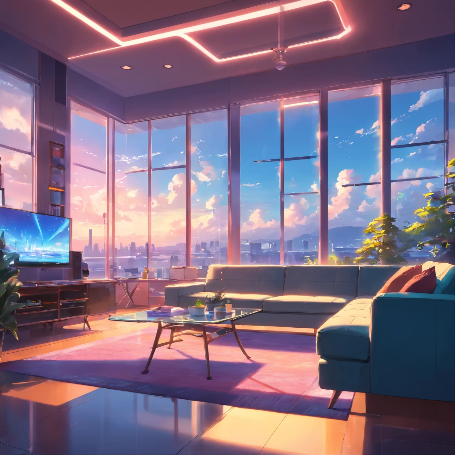 luxurious futurisitic inside neon house living room with glass window