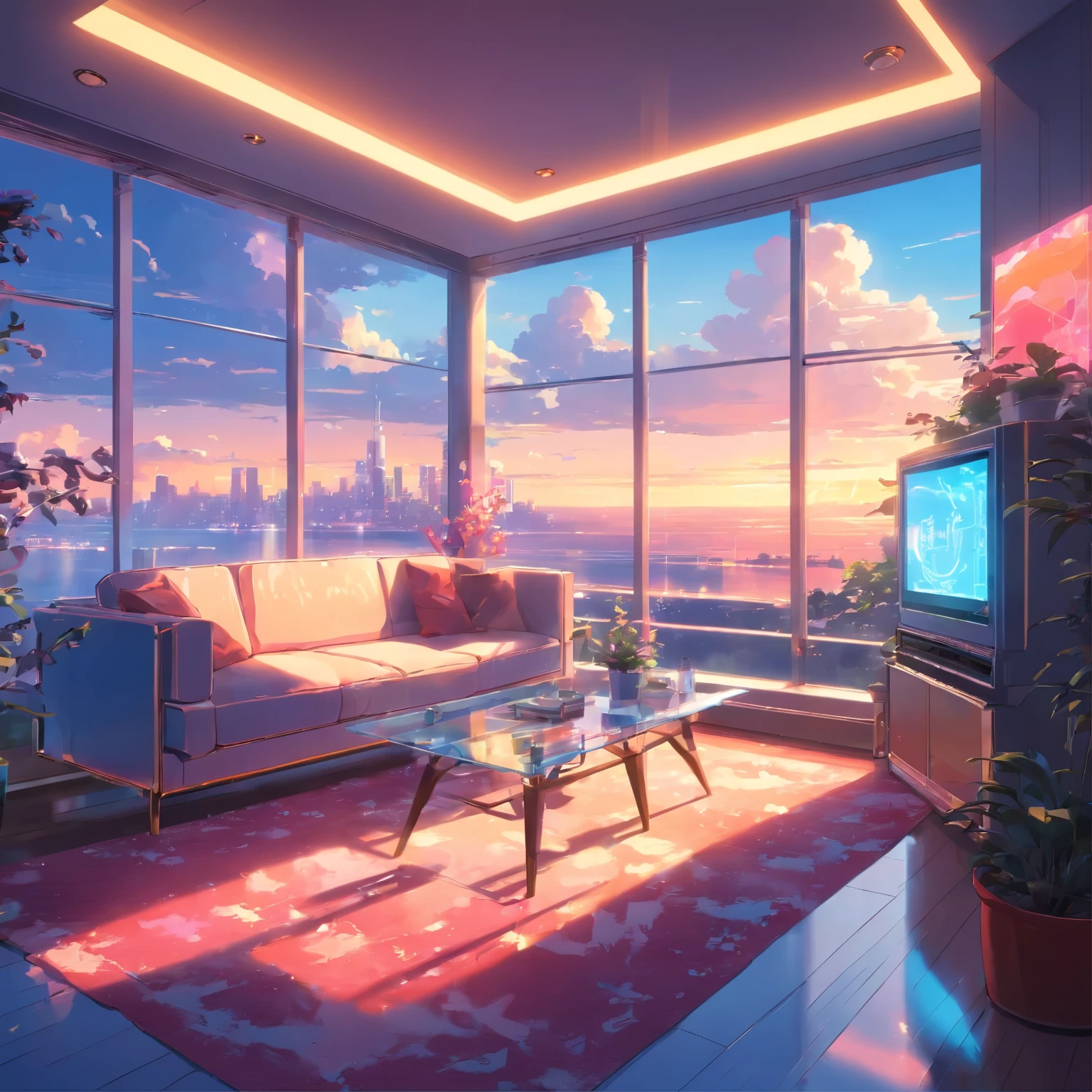 luxurious futurisitic inside neon house living room with glass window