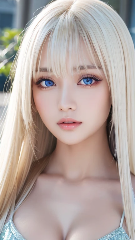 A peerless beautiful girl, Glossy firm and shiny skin, bangs between the eyes, Beautiful shiny straight platinum blonde, Super Long Straight Silky Hair, eyeliner, sexyで美しい無邪気な16歳, High definition shining beautiful bright light blue very big eyes, very big eyes、beautiful and nice girl, ((huge ))、((erotic、sexy、ultra high resolution、the lighting is bright、Precise hands without any discomfort))、hair over eyes、hair over one eye、hair between eyes、Extremely pure white, bright and glossy skin、cheek highlights、
