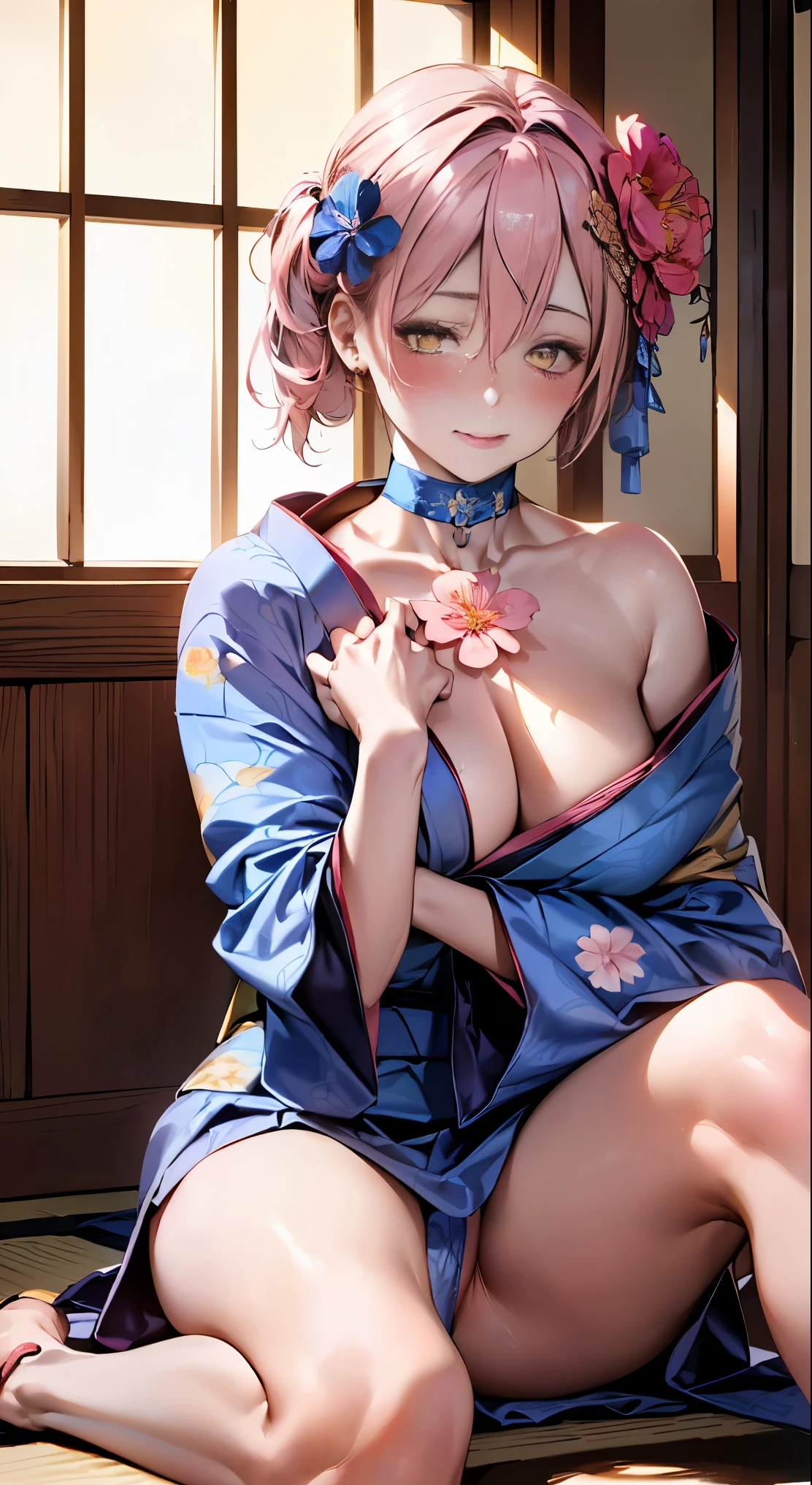 (masterpiece:1.2, highest quality), (realistic, photorealistic:1.4), beautiful illustrations,
looking at the viewer, whole body, Front view:0.6,
1 female, 34 only, Japanese, ((pink hair:1.5, chignon:1.5)), bangs, hair between eyes, ((height: 158cm, medium breasts:1.6, big ass))
beautiful hair, beautiful face, beautiful and detailed eyes, (yellow eyes:1.3), beautiful clavicle, beautiful body, beautiful breasts, beautiful thighs, beautiful feet, beautiful fingers, perfect anatomy:1.3, perfect anatomy
(Japanese style room)
((blue kimono with floral pattern:1.5, hair ornament choker:1.6)), white panties:1.6,
((Grasp the hem of the skirt with your right hand, Put your left hand on your chest, sit with legs apart:1.3)),
(Look at the viewer while blushing:1.3), ((NFSW:1.3))