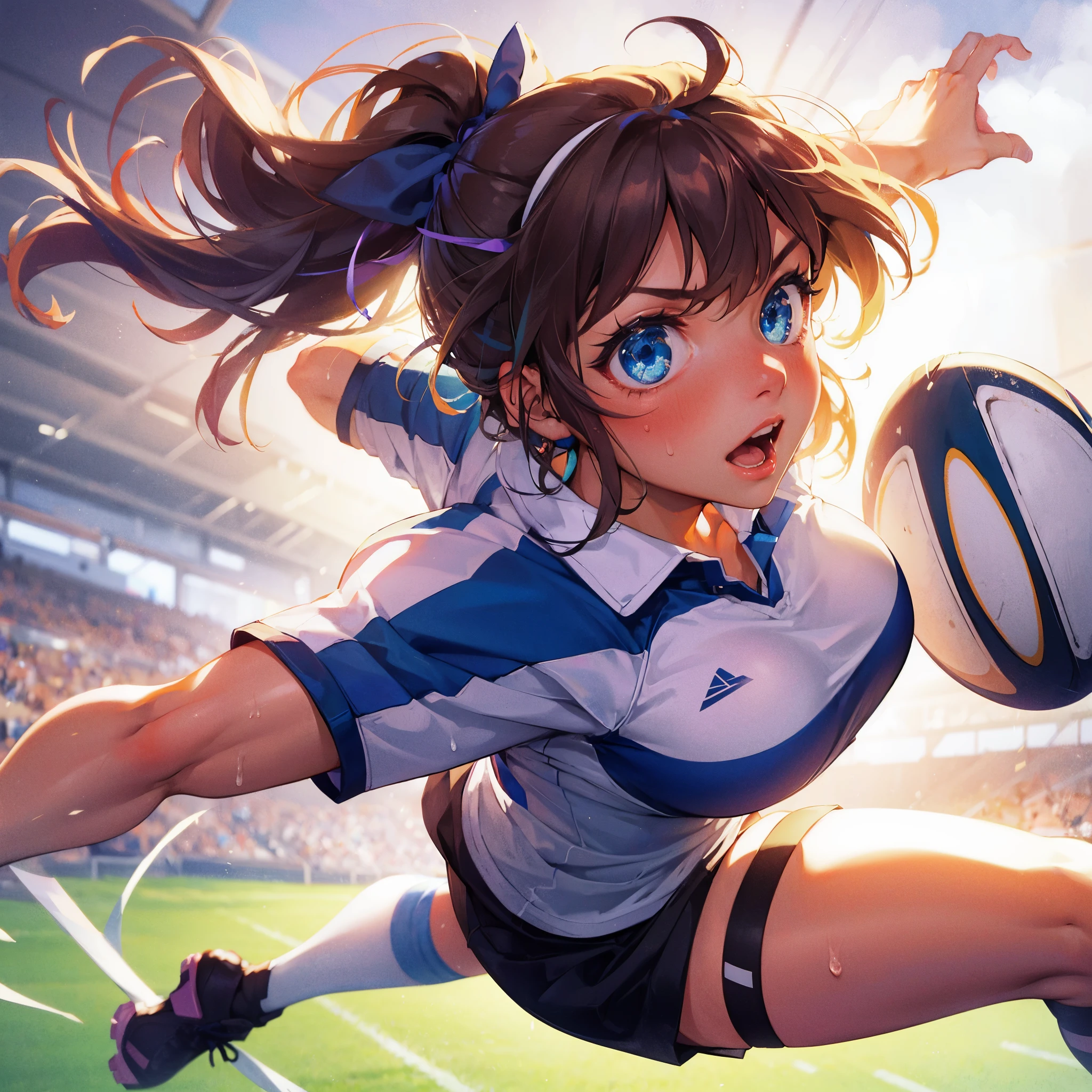 high quality,hd,16k,sharp line,1girl,female rugby  athlete ,cute face, middle ???????, nice legs, sweat,in rugby venue,focus girl,detailed beautiful face,detailed clothes,beautiful eyes,cool,dynamic angle