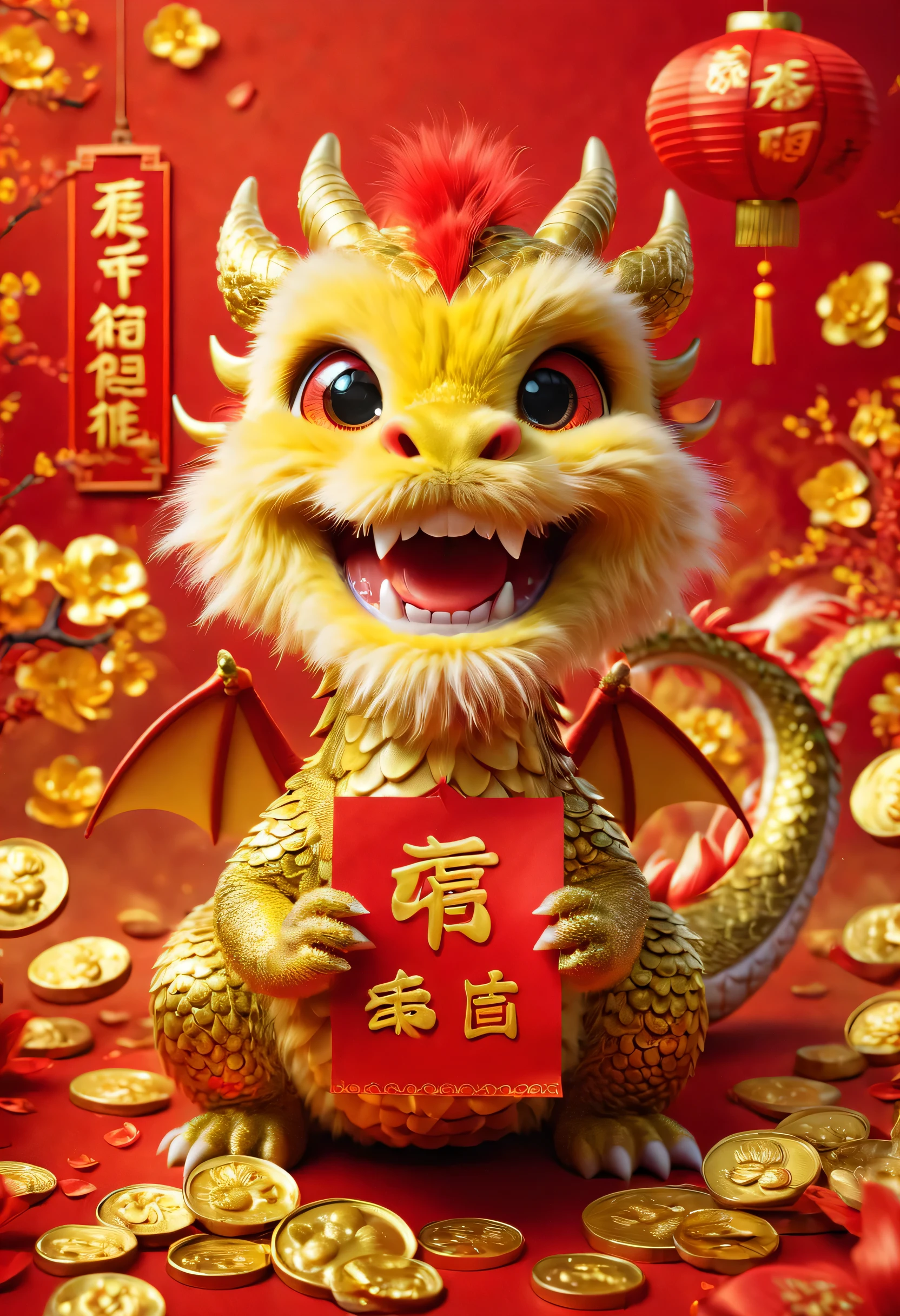poster design:Chinese New Year is here,Cute little Chinese dragon is so happy,hairy,stupid,Cute and cute,Wow……(空中有许多gold coins,gold coins,Many small red envelopes,),red background blur,