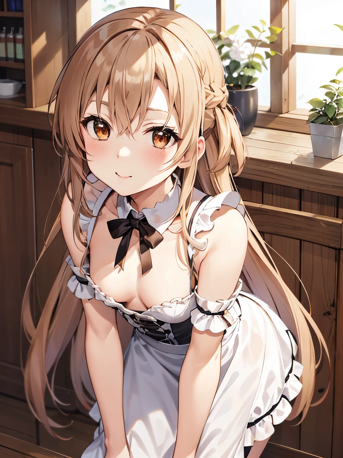solo、Asuna:1.5、sexy Asuna,Goth style、White maid clothes、victorian maid outfit、small breasts、leaning forward、provocative
